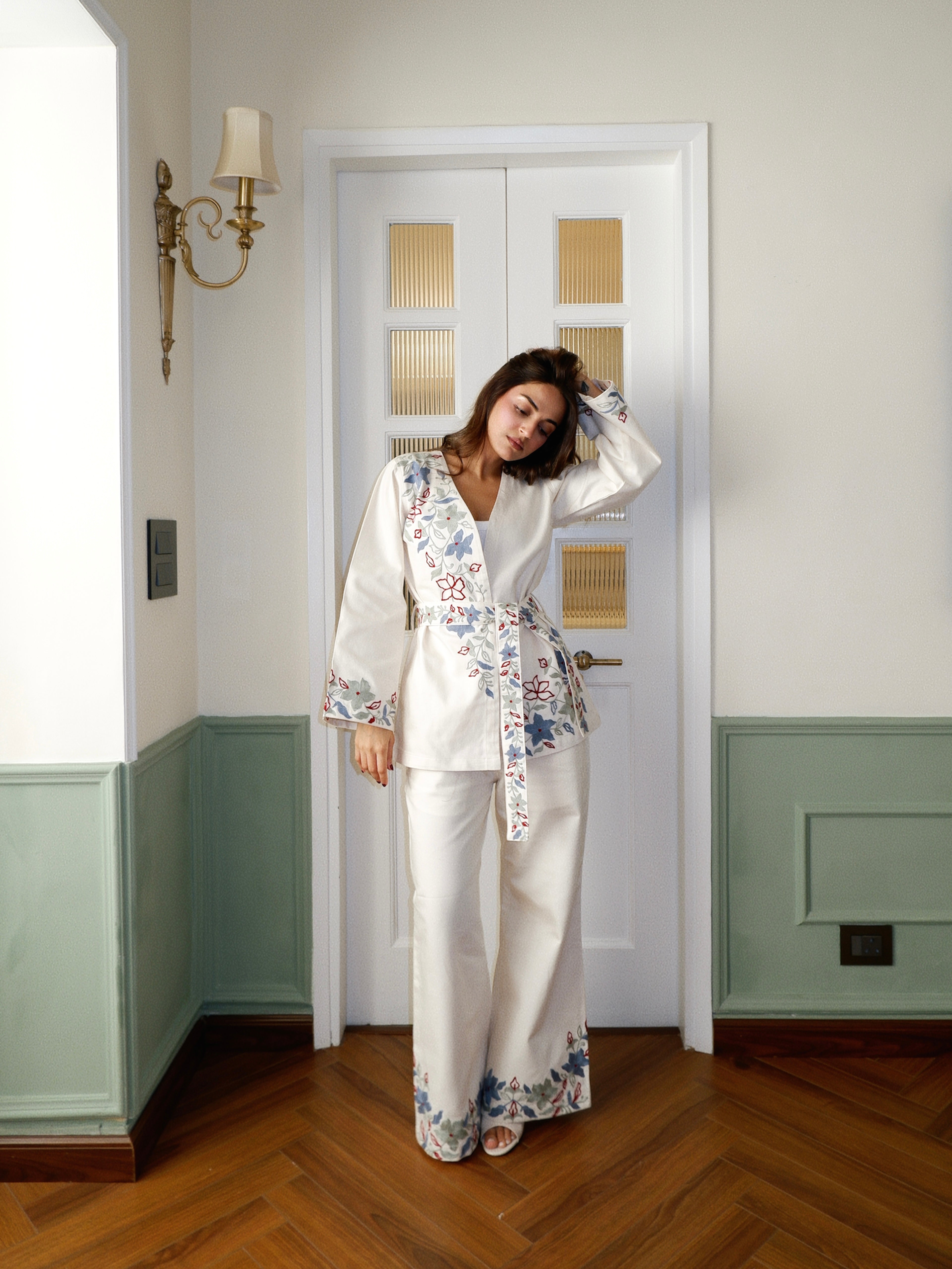 Aari Embroidered White Denim Kimono Set