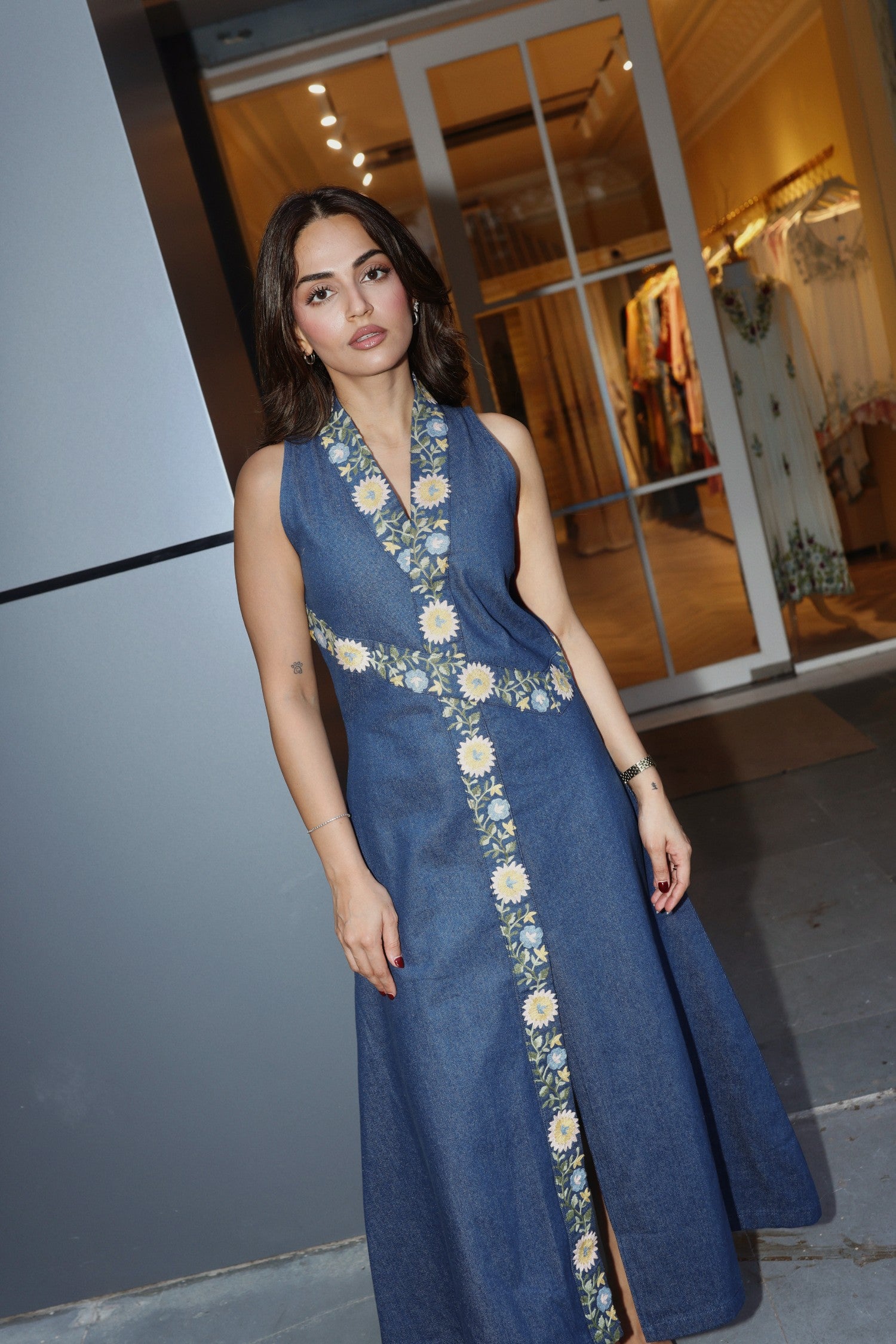 Aari Embroidered Denim Maxi