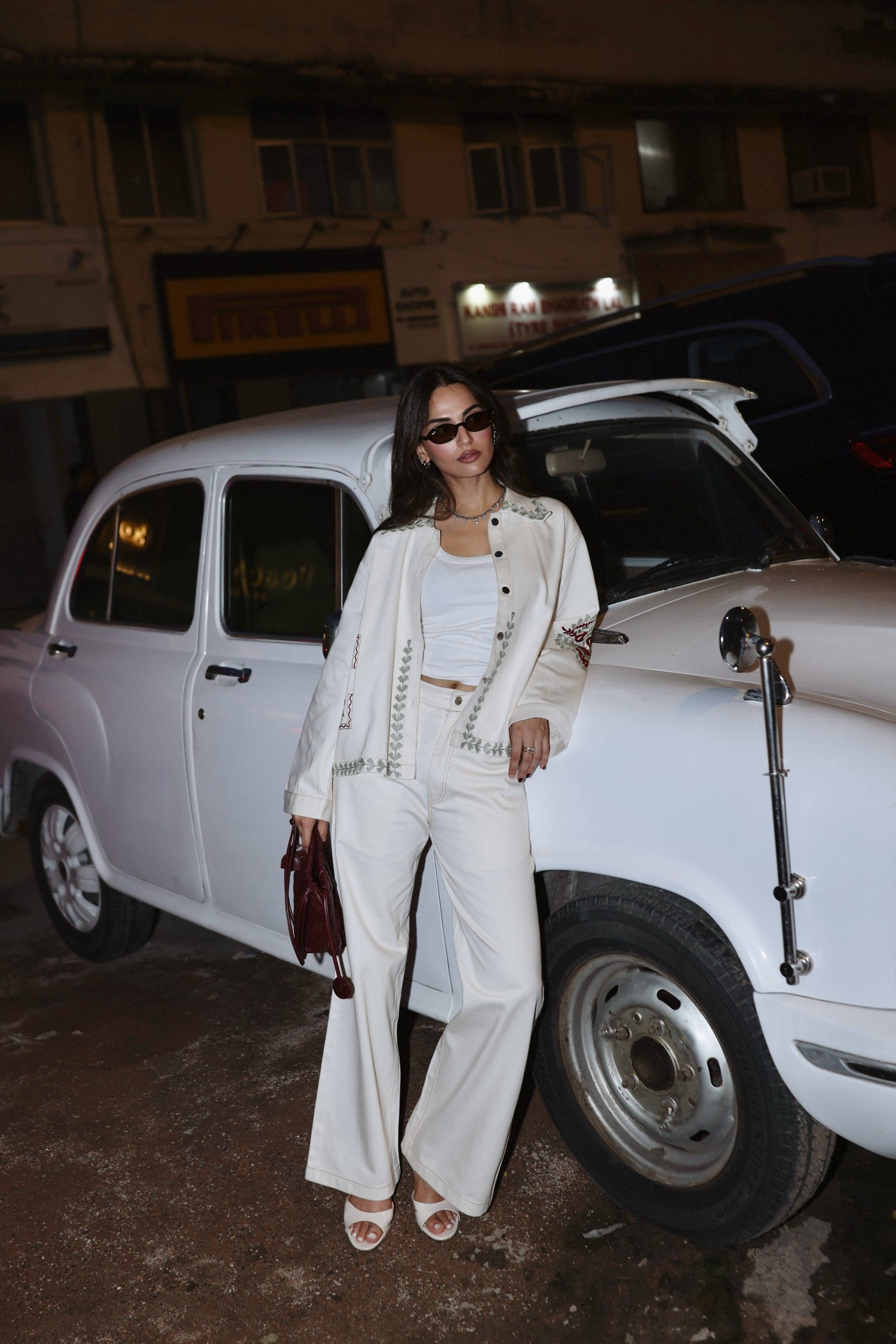 Aari Embroidered White Denim Jacket Set