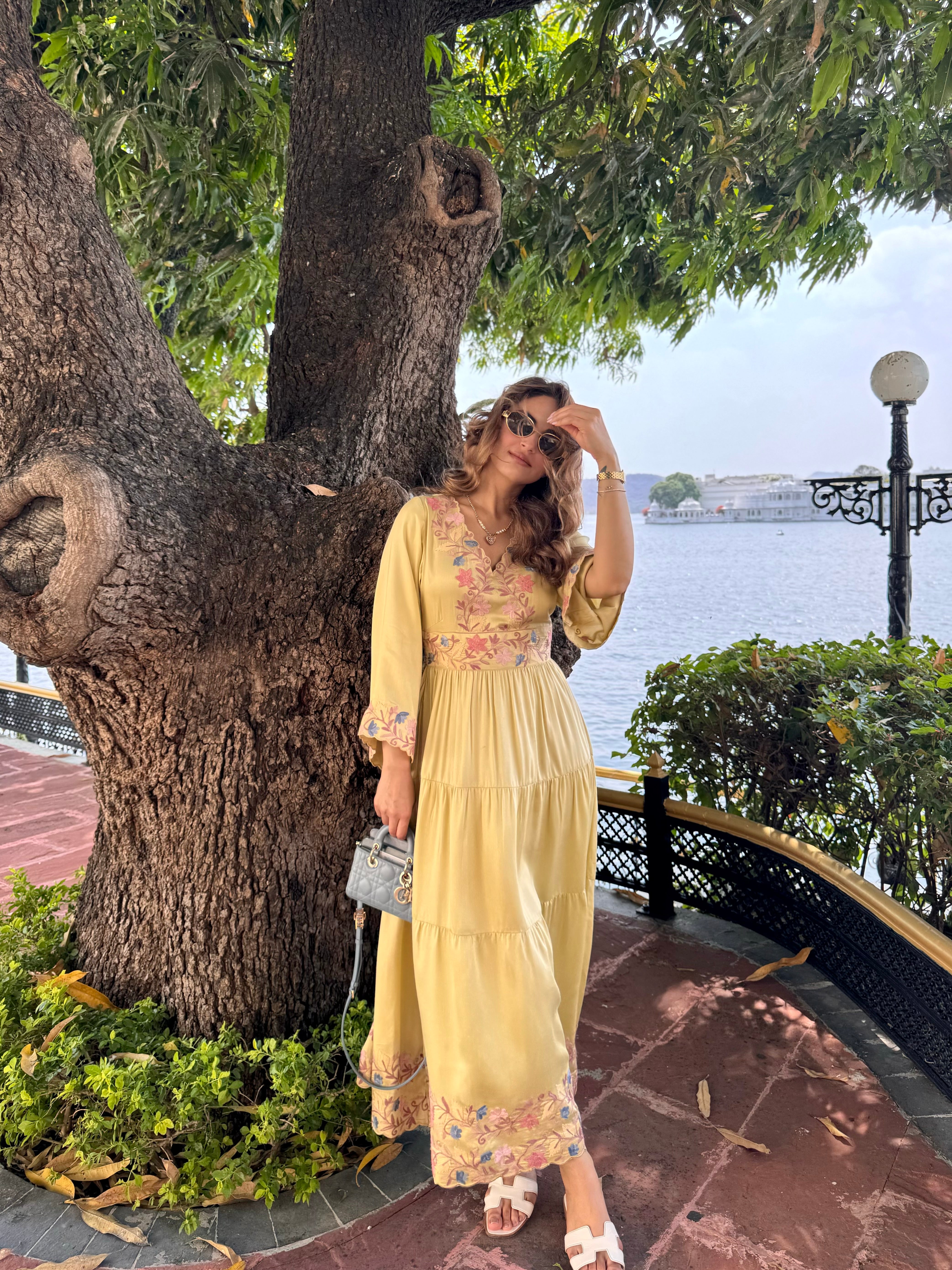 Buy lemon yellow maxi dress with sleeves for Women online | Koshur India