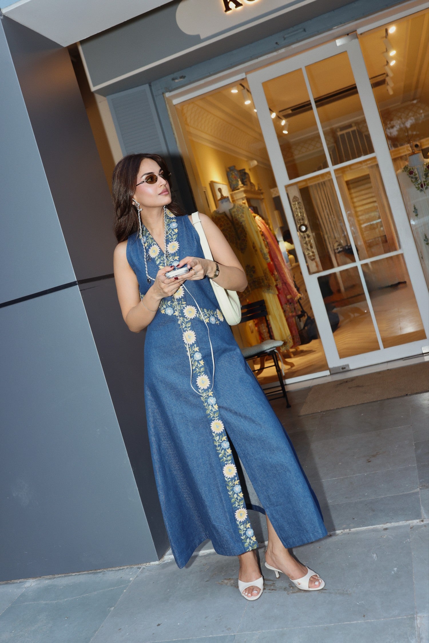 Aari Embroidered Denim Maxi