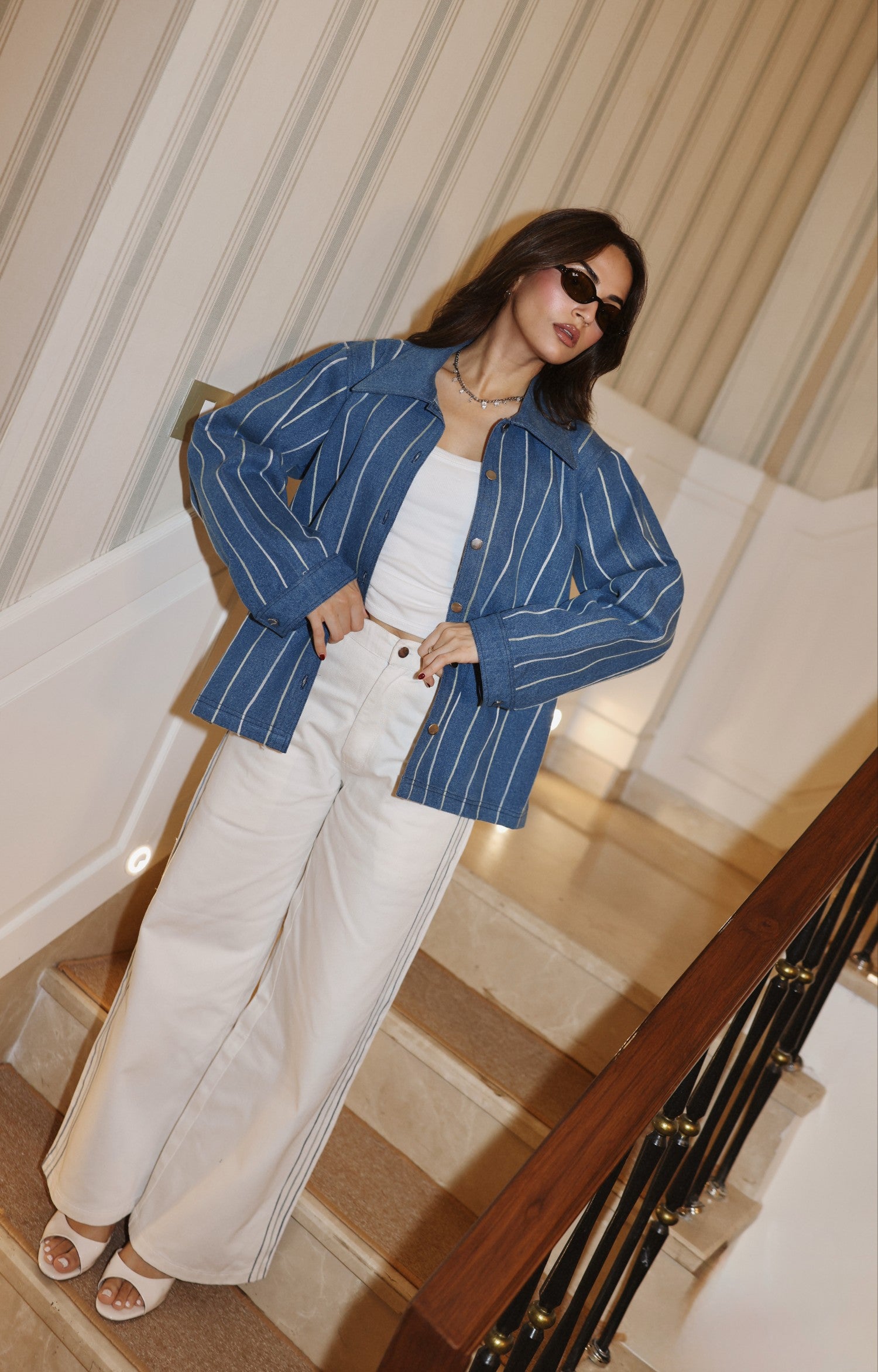 Aari Embroidered White Stripe Denim Jacket Set