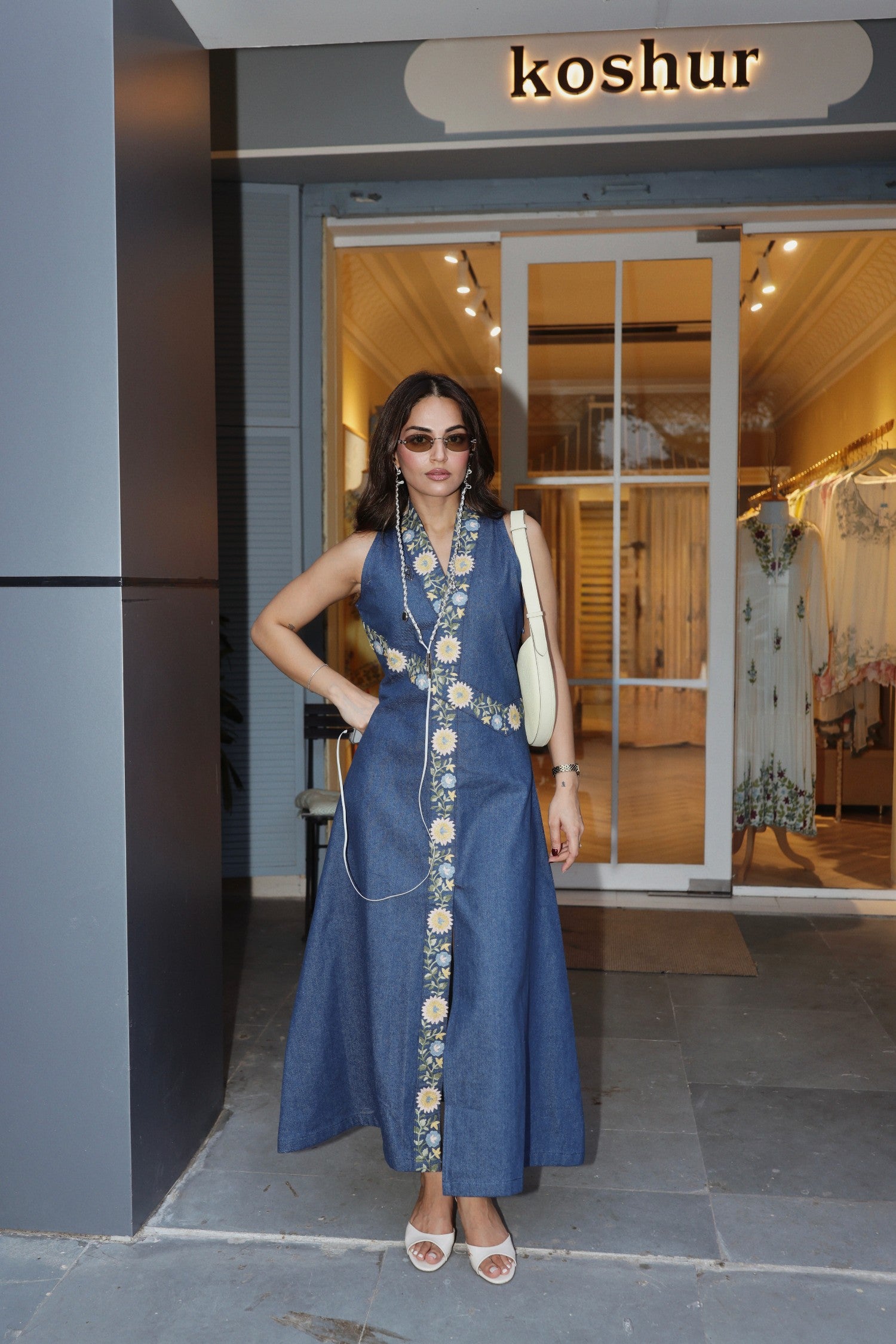 Aari Embroidered Denim Maxi