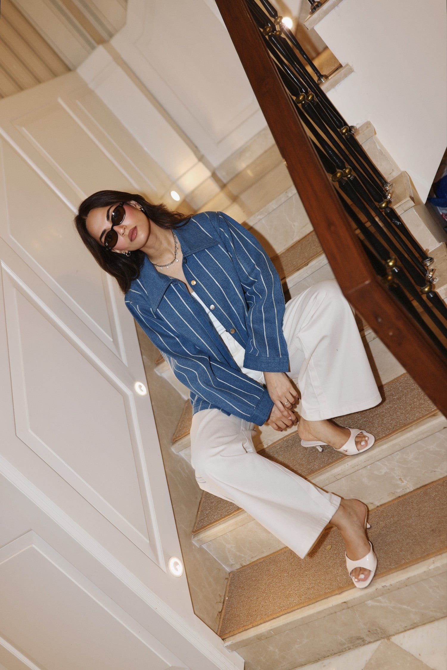 Aari Embroidered White Stripe Denim Jacket Set