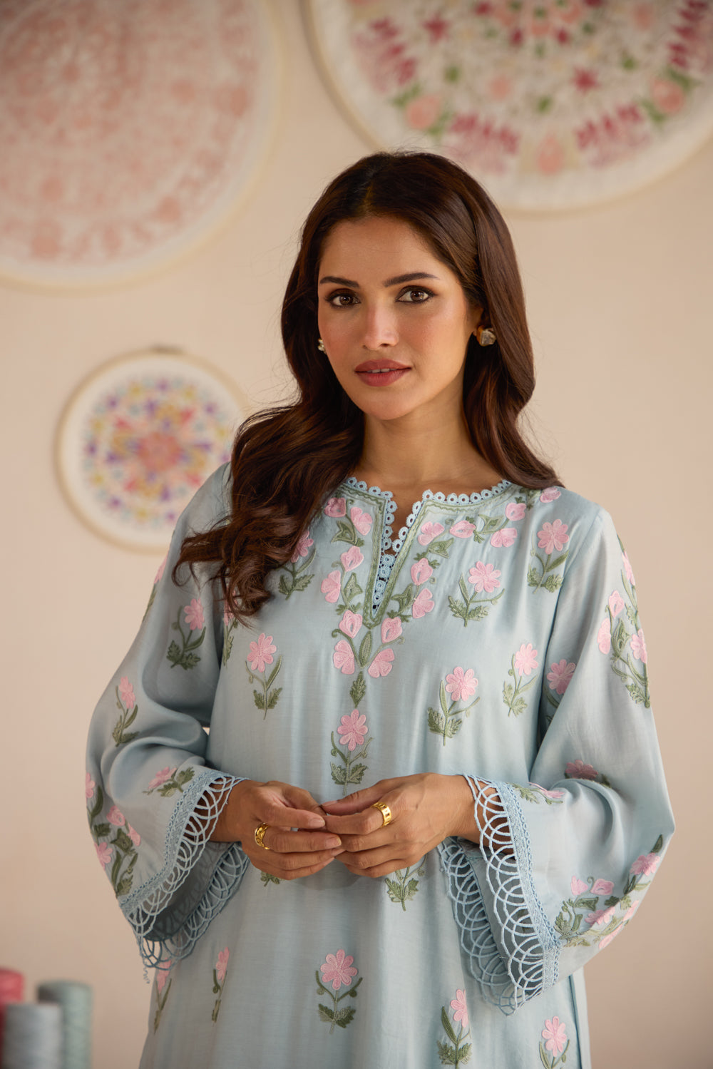 Fiza Soft Blue Aari Kurta Set with Chiffon Fringe Dupatta & Flare Pants
