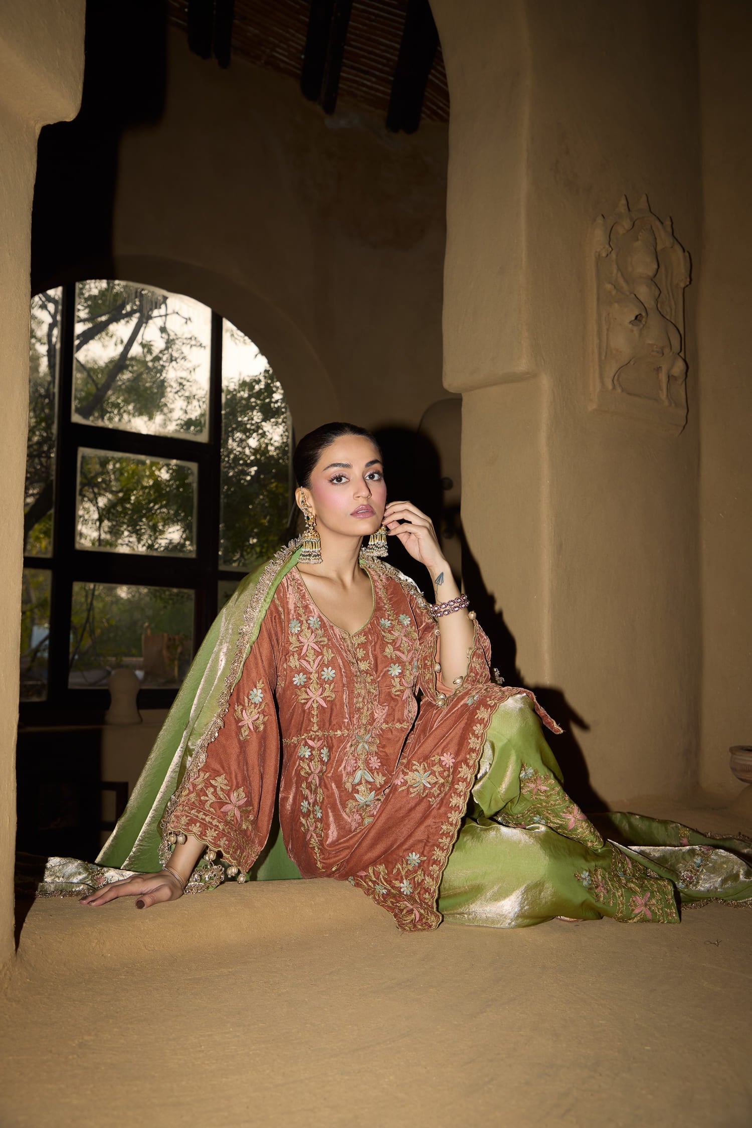 Terracotta Velvet Aari Tilla Short Pheran Set With Tissue Salwar Pants & Embroidered Tissue Dupatta