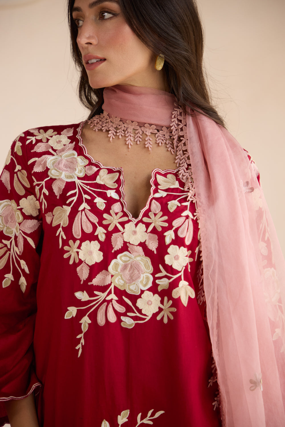 Seher Red Cotton Aari Short Pheran Set with Salwar Pants & Organza Dupatta