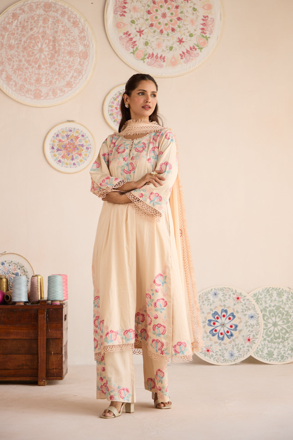 Nude Cotton Aari Kurta Set with Flared Pants & Chiffon Fringe Dupatta