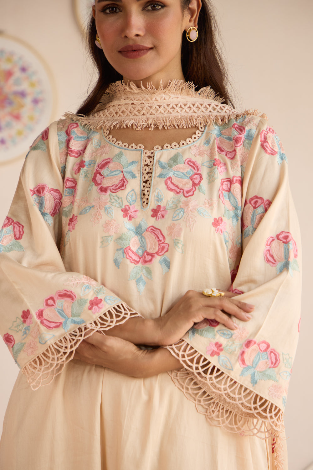 Nude Cotton Aari Kurta Set with Flared Pants & Chiffon Fringe Dupatta