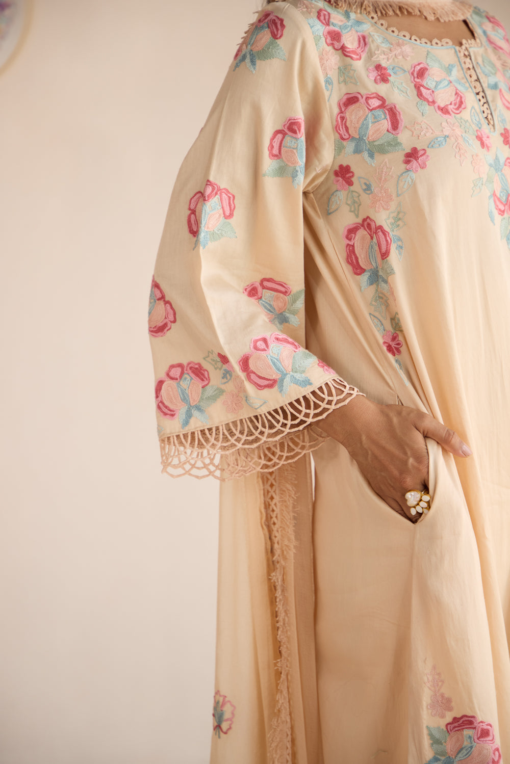 Nude Cotton Aari Kurta Set with Flared Pants & Chiffon Fringe Dupatta