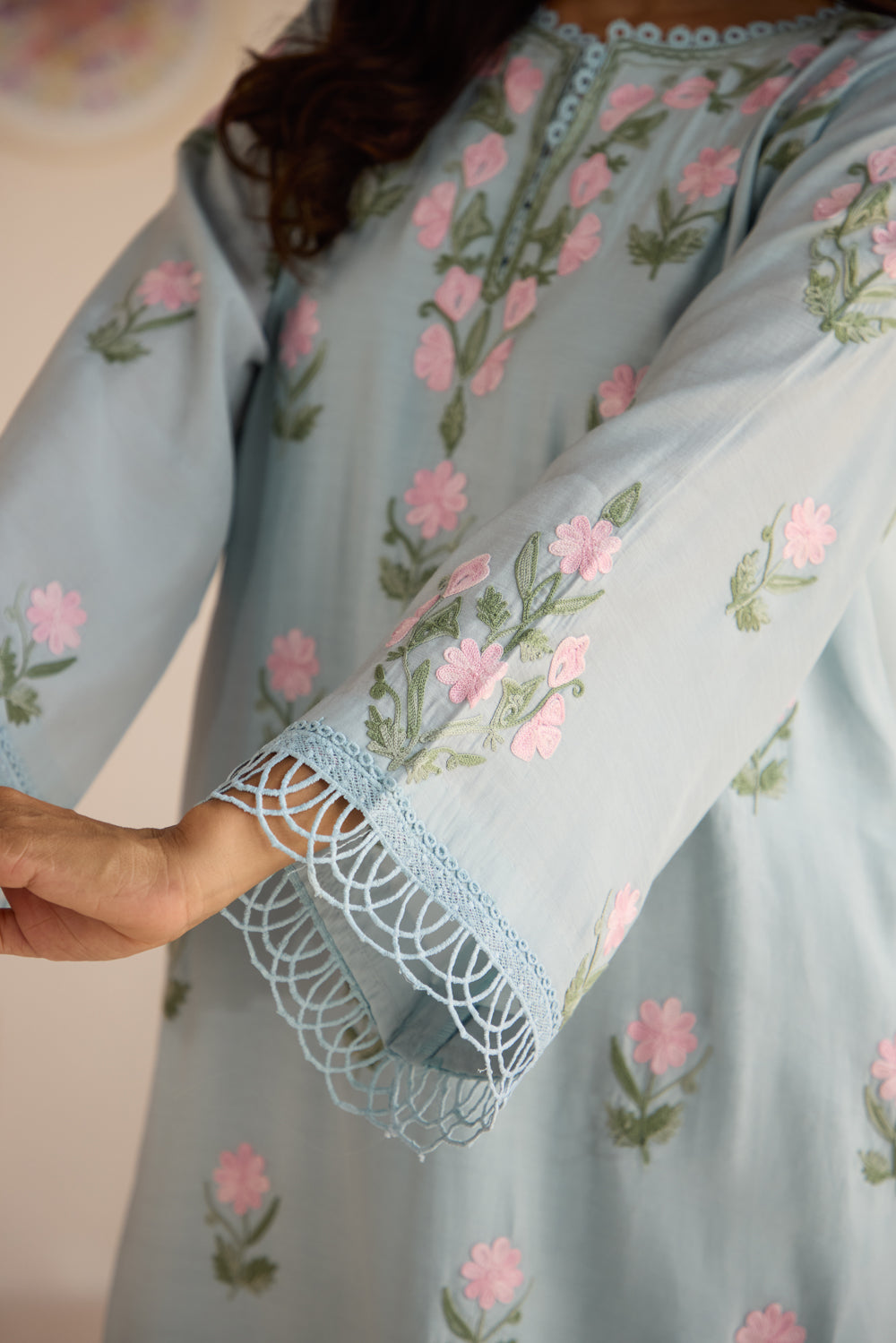 Fiza Soft Blue Aari Kurta Set with Chiffon Fringe Dupatta & Flare Pants