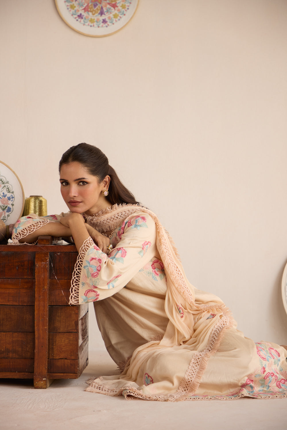 Nude Cotton Aari Kurta Set with Flared Pants & Chiffon Fringe Dupatta