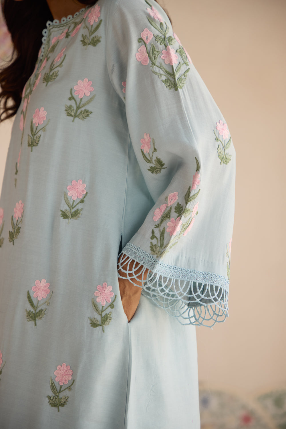 Fiza Soft Blue Aari Kurta Set with Chiffon Fringe Dupatta & Flare Pants