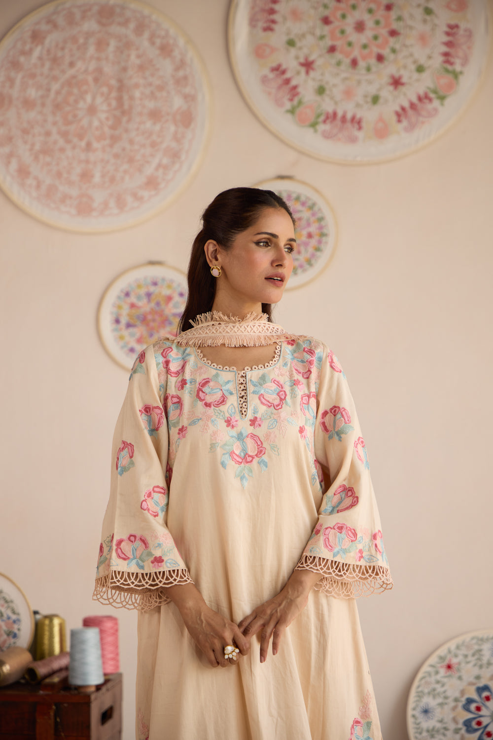 Nude Cotton Aari Kurta Set with Flared Pants & Chiffon Fringe Dupatta