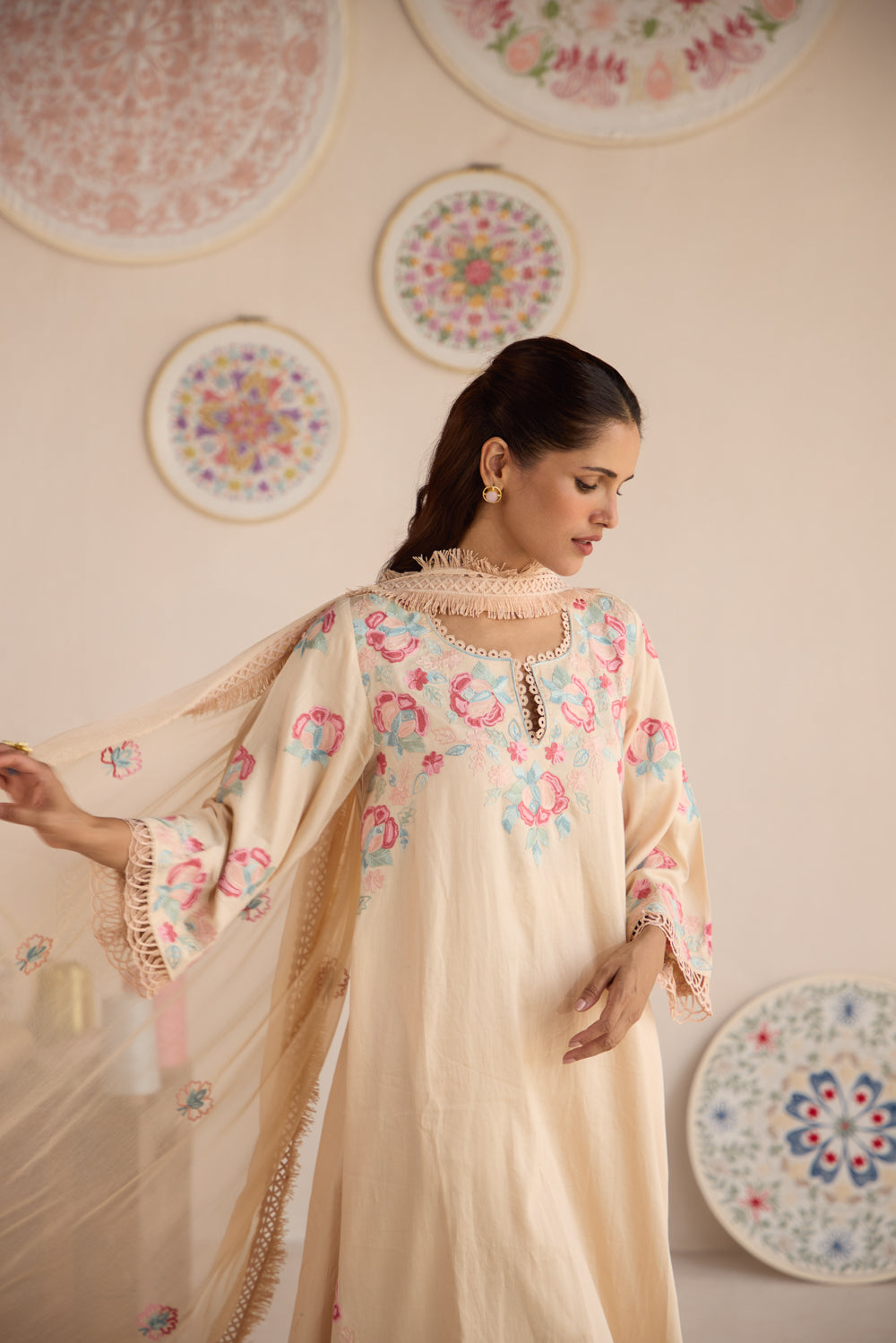 Nude Cotton Aari Kurta Set with Flared Pants & Chiffon Fringe Dupatta