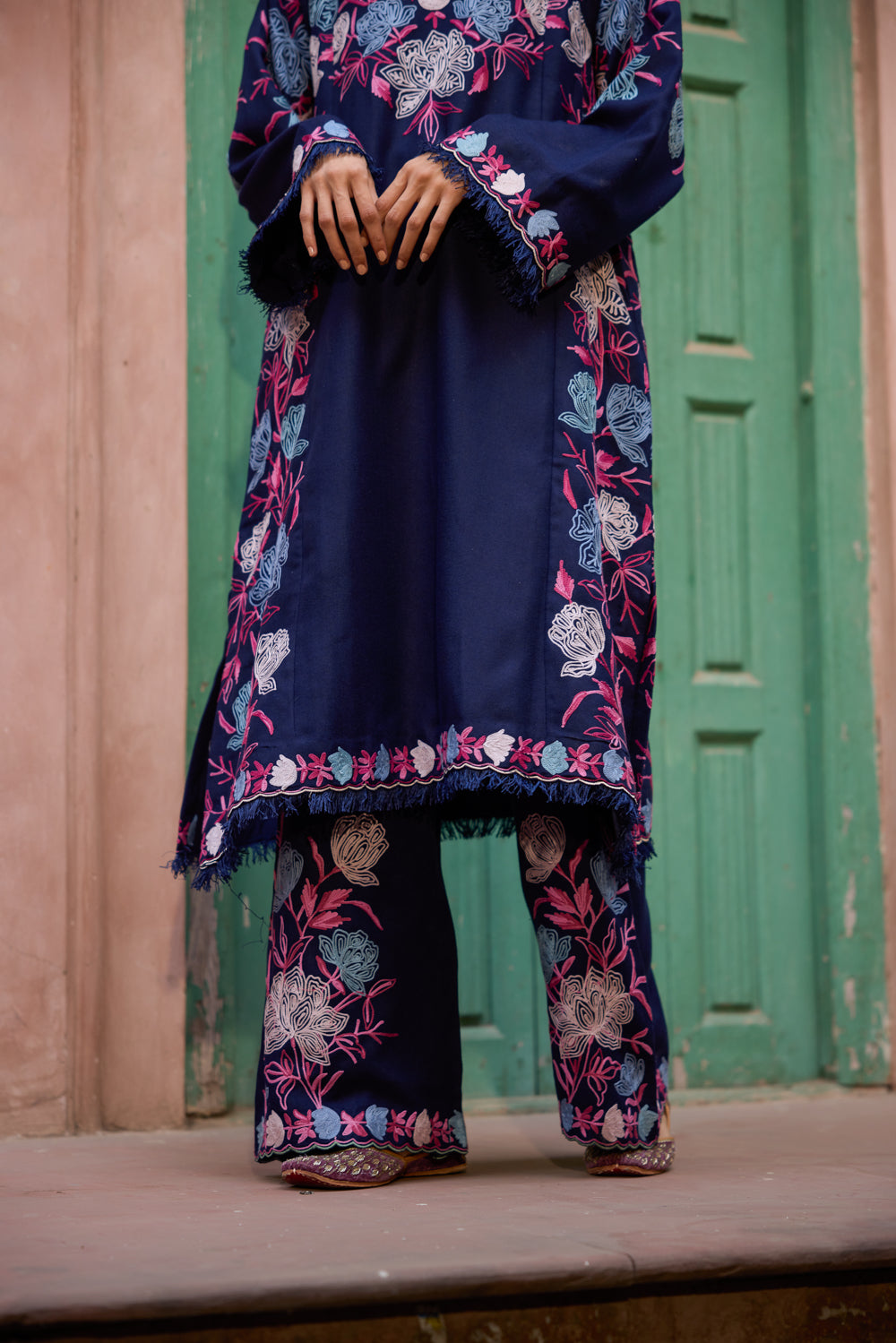 Dariba Royal Blue Pashmina Wool Kalidaar Pheran Set With Embroidered Flared Pants