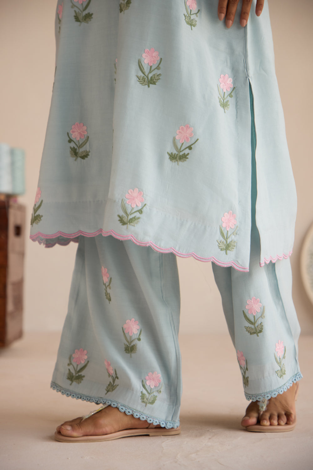 Fiza Soft Blue Aari Kurta Set with Chiffon Fringe Dupatta & Flare Pants