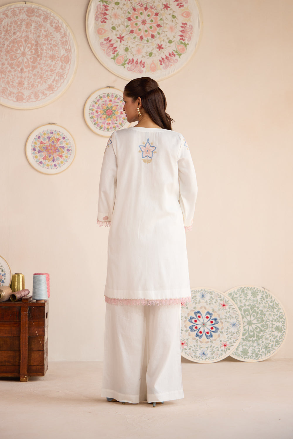 Softy White Cotton Aari Kurta Set with Ombré Chiffon Dupatta & Wide Palazzo