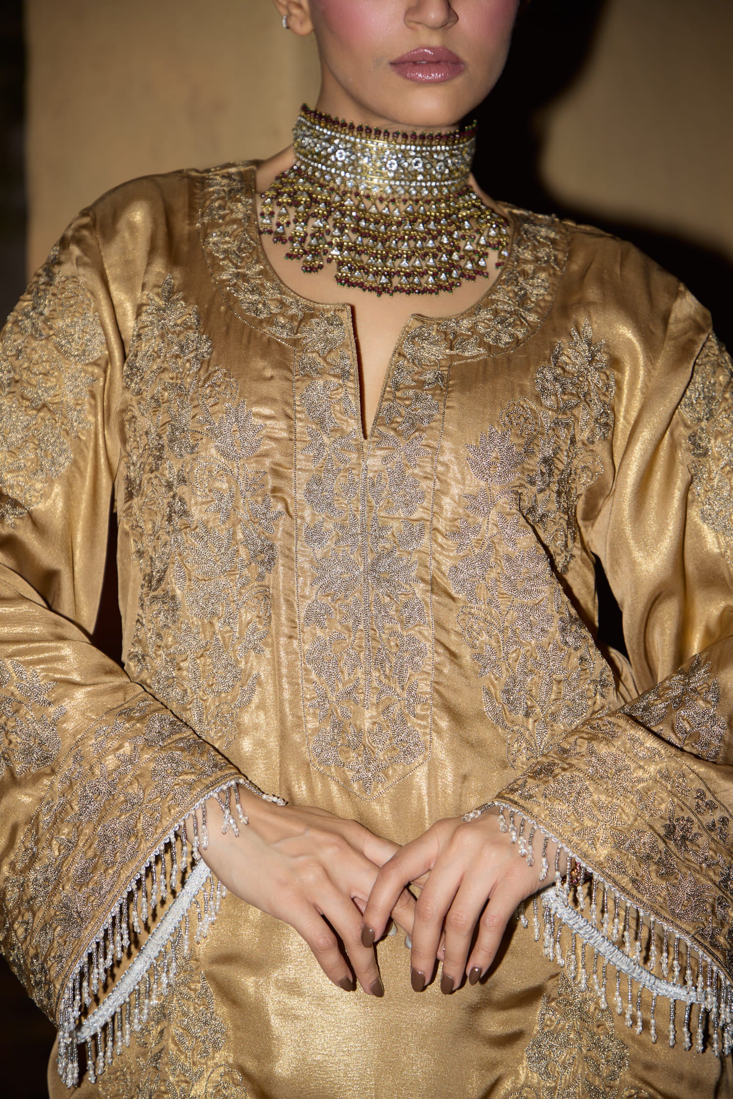 Gold Tissue Tilla Embroidered Kurta Set With Salwar Pants & Embroidered Copper Tissue Dupatta