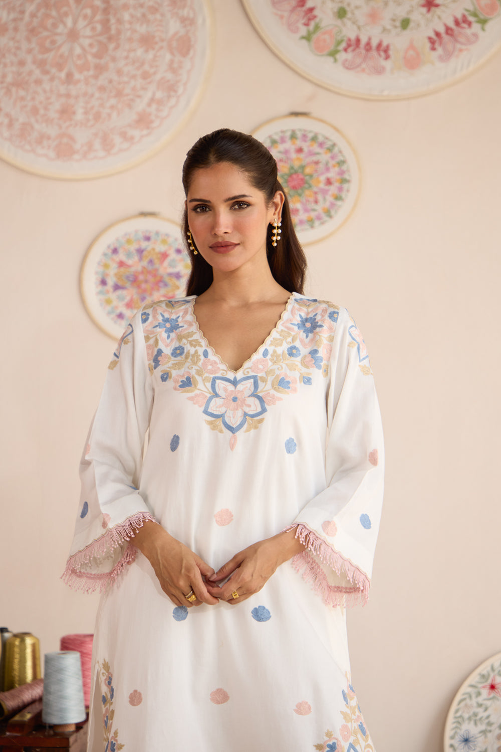 Softy White Cotton Aari Kurta Set with Ombré Chiffon Dupatta & Wide Palazzo