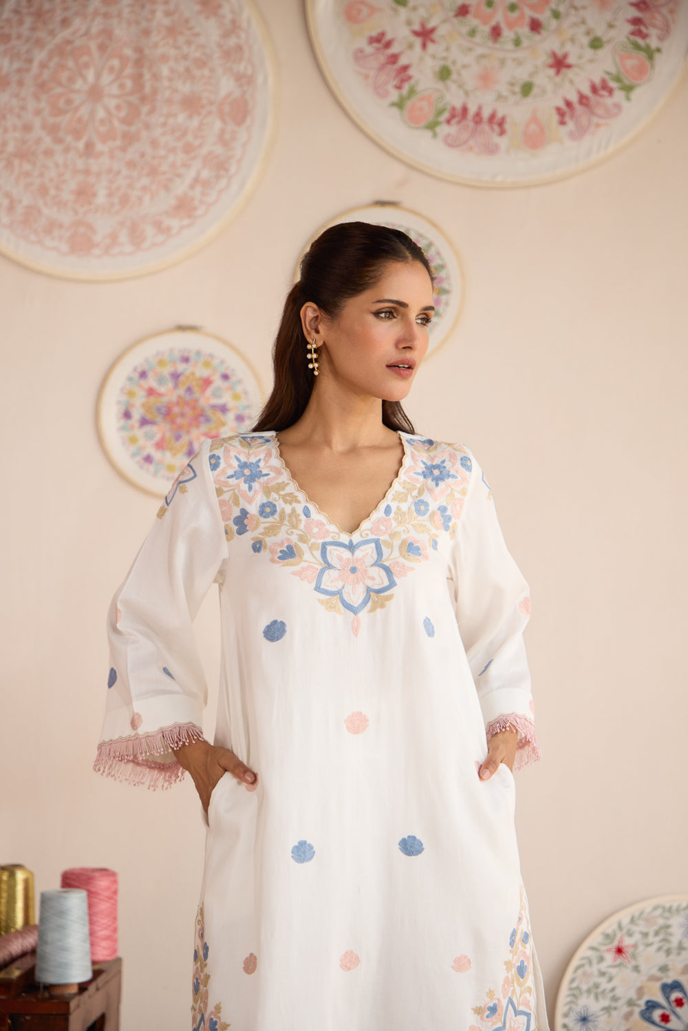 Softy White Cotton Aari Kurta Set with Ombré Chiffon Dupatta & Wide Palazzo