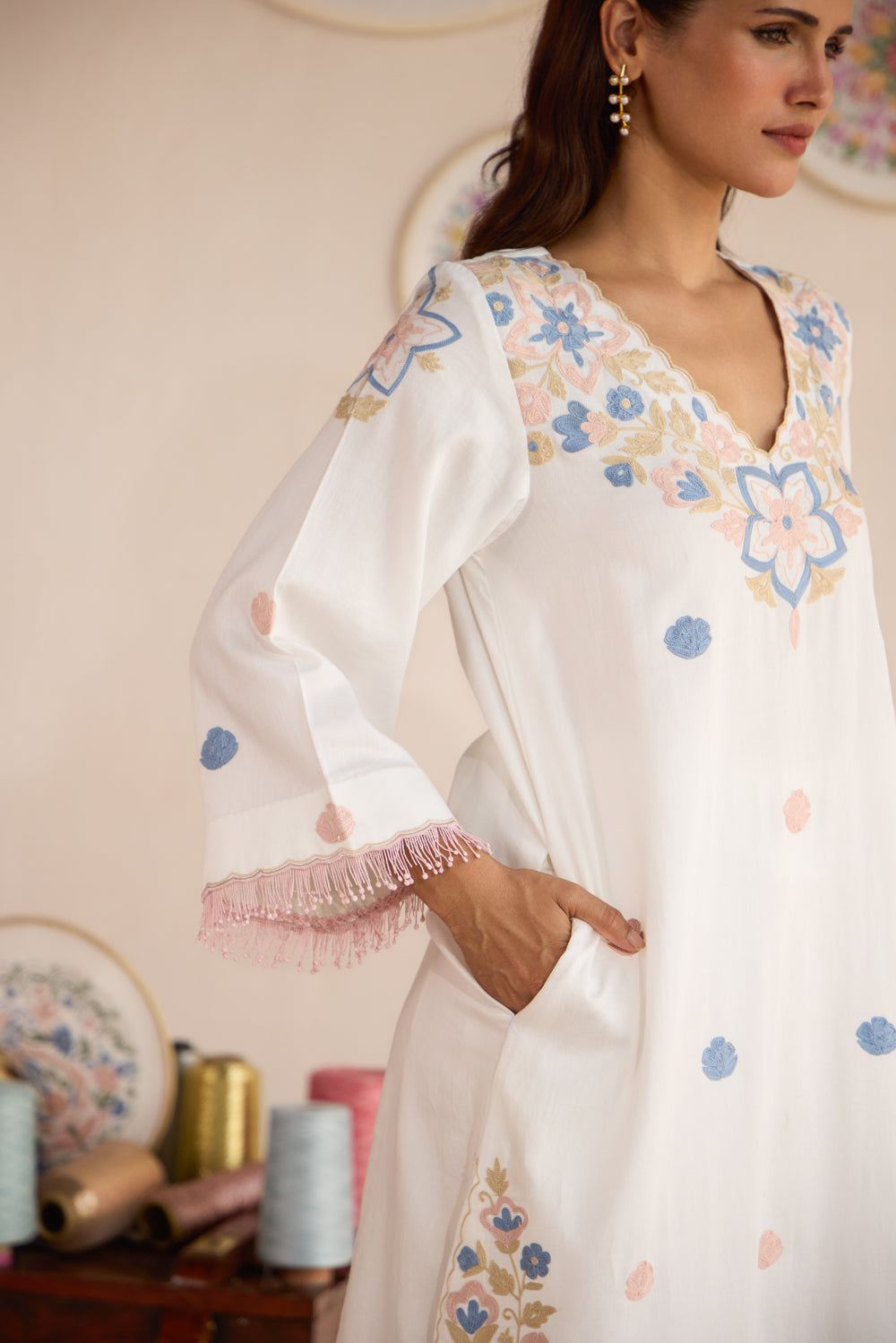 Softy White Cotton Aari Kurta Set with Ombré Chiffon Dupatta & Wide Palazzo