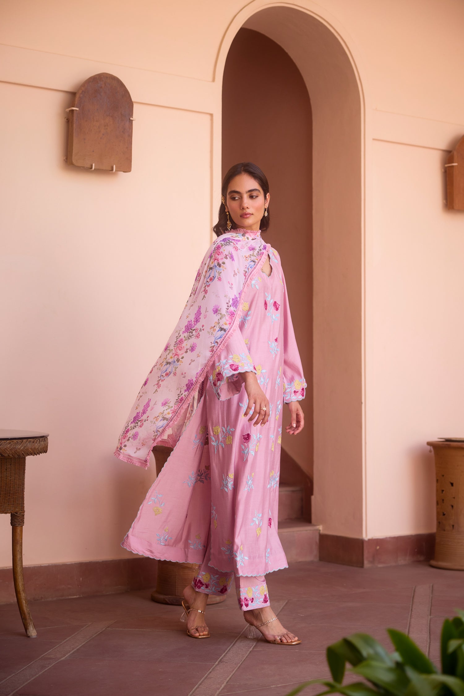 Dust Pink Cotton Aari Pheran Set with Wide Palazzo Pants