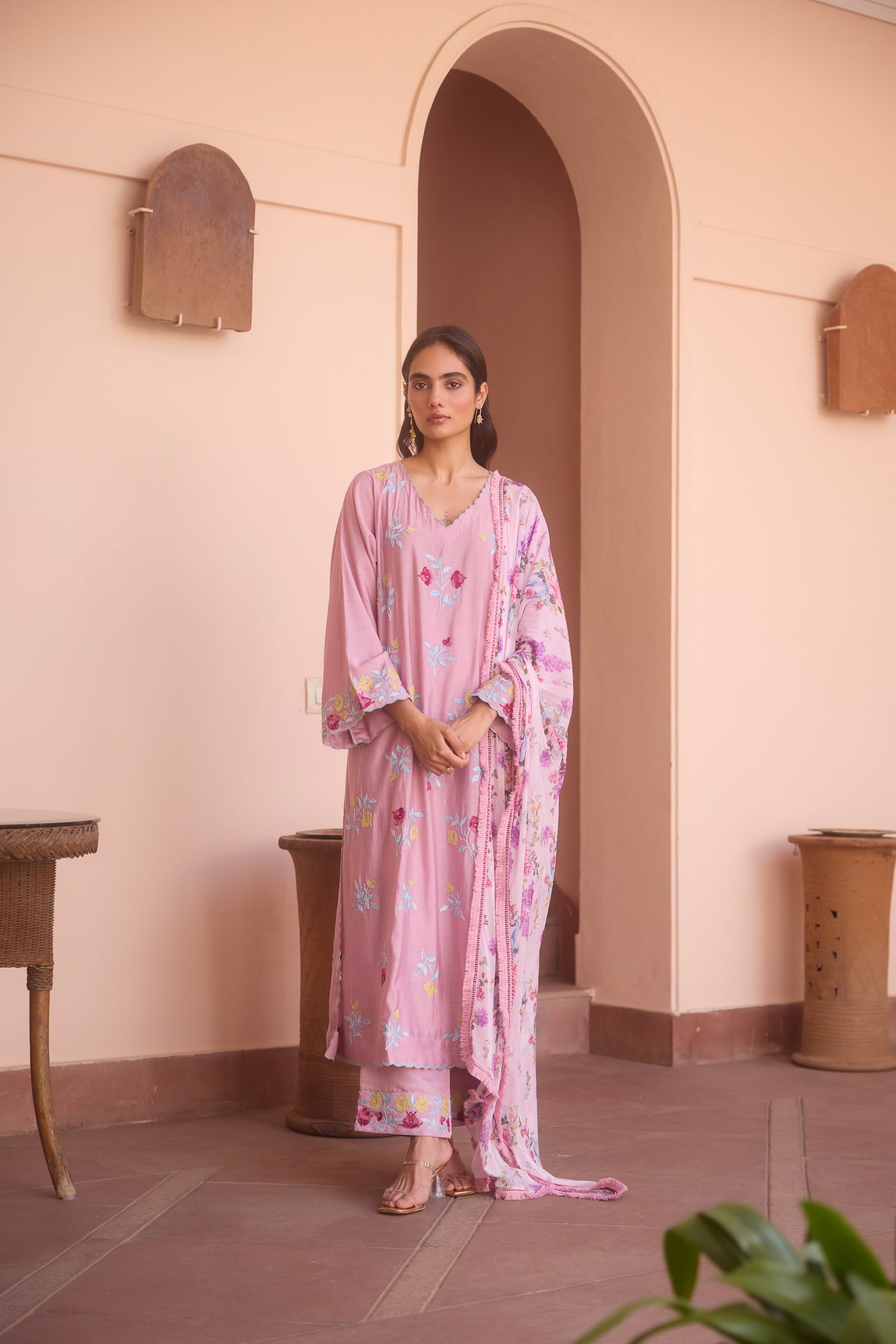 Dust Pink Cotton Aari Pheran Set with Wide Palazzo Pants
