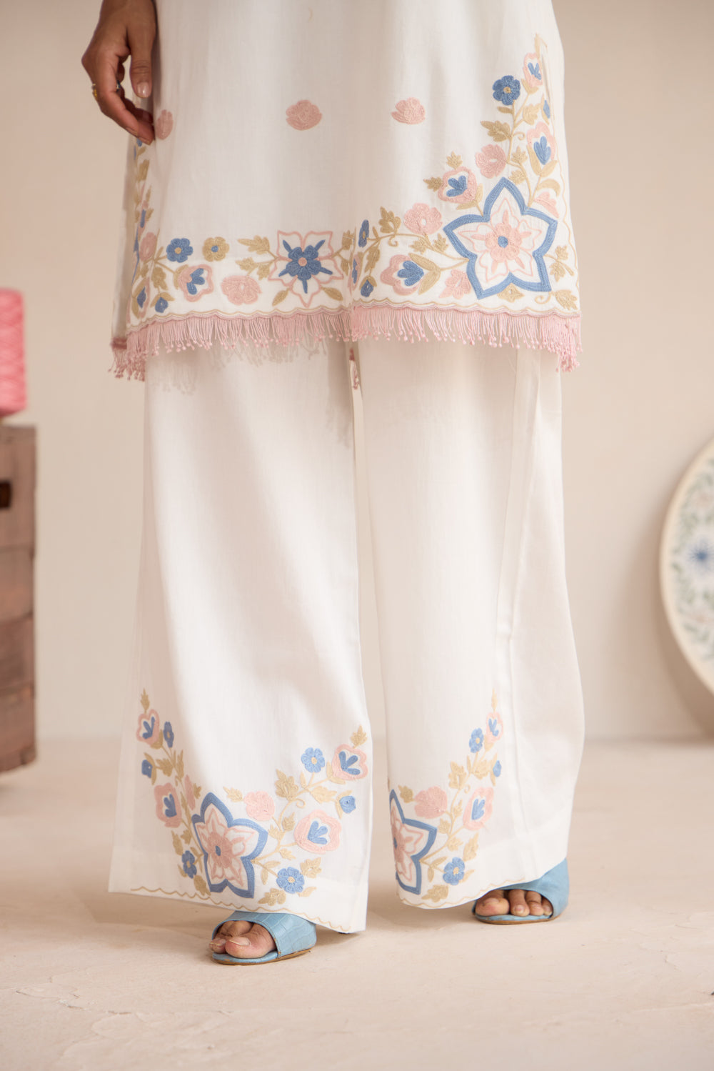 Softy White Cotton Aari Kurta Set with Ombré Chiffon Dupatta & Wide Palazzo