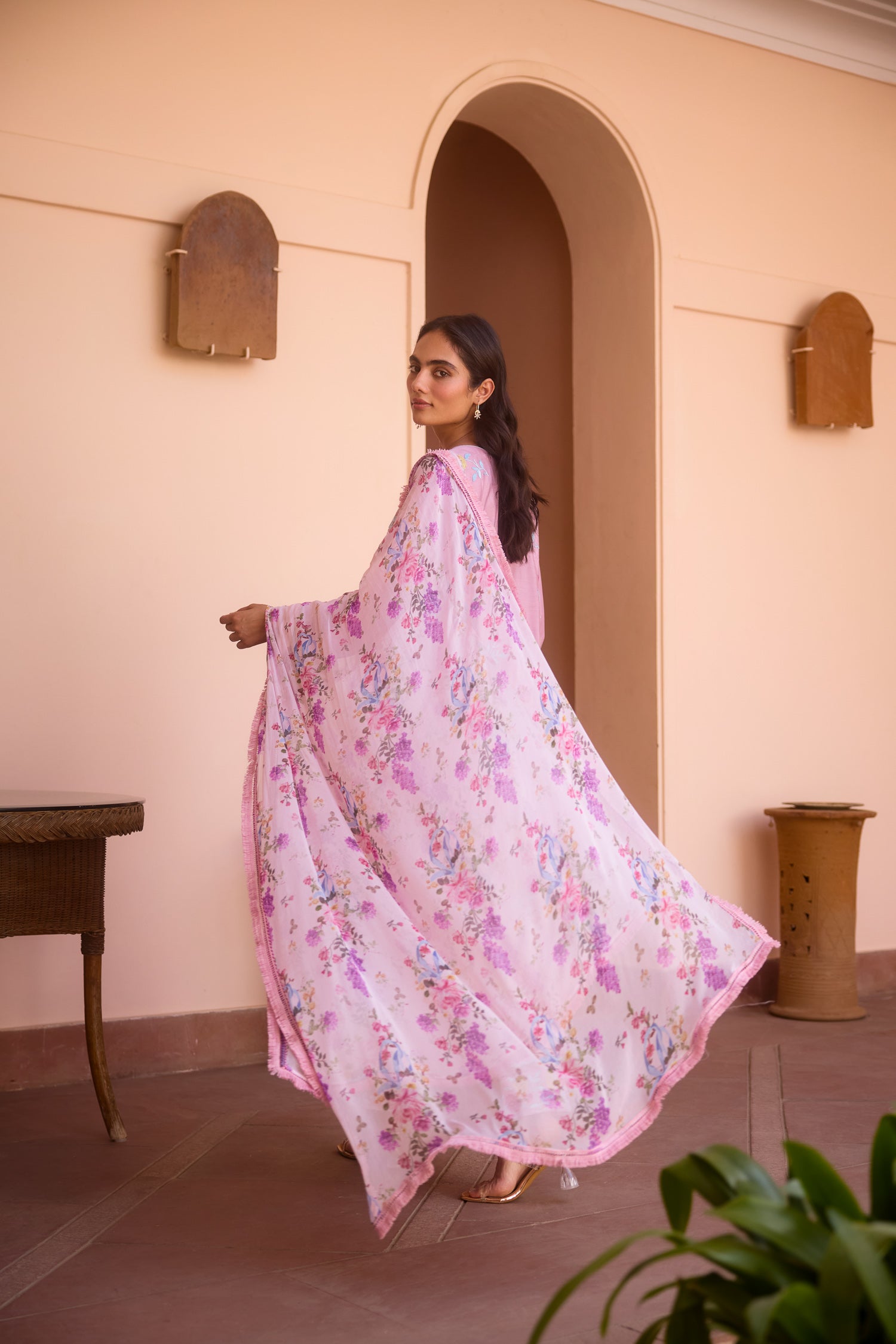 Dust Pink Cotton Aari Pheran Set with Wide Palazzo Pants