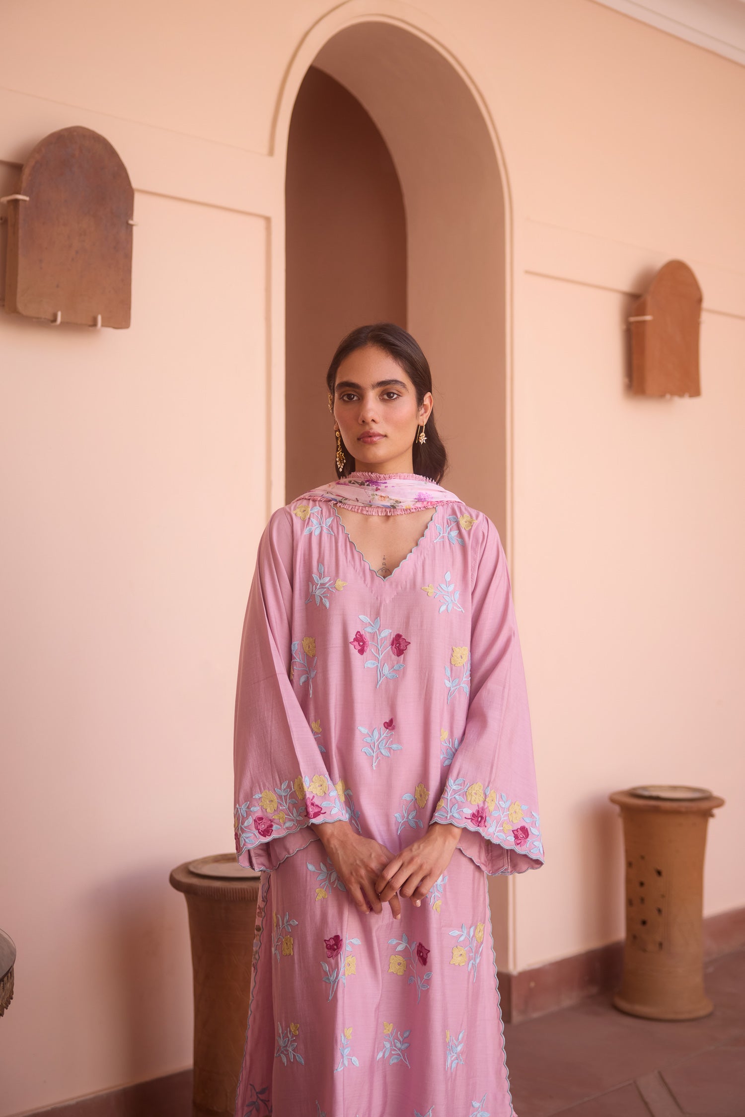 Dust Pink Cotton Aari Pheran Set with Wide Palazzo Pants