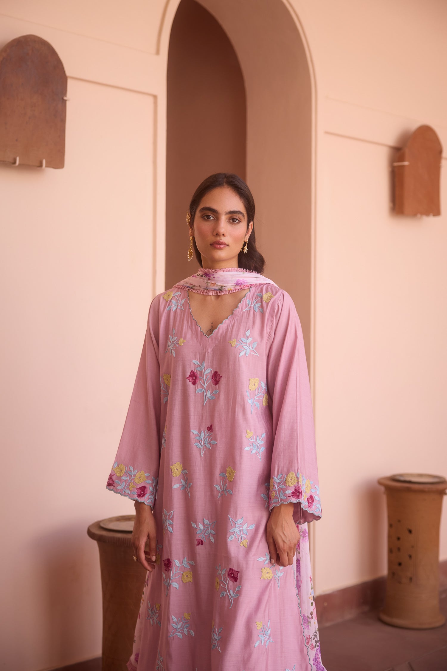 Dust Pink Cotton Aari Pheran Set with Wide Palazzo Pants