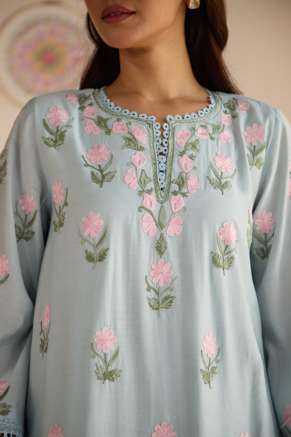 Fiza Soft Blue Aari Kurta Set with Chiffon Fringe Dupatta & Flare Pants