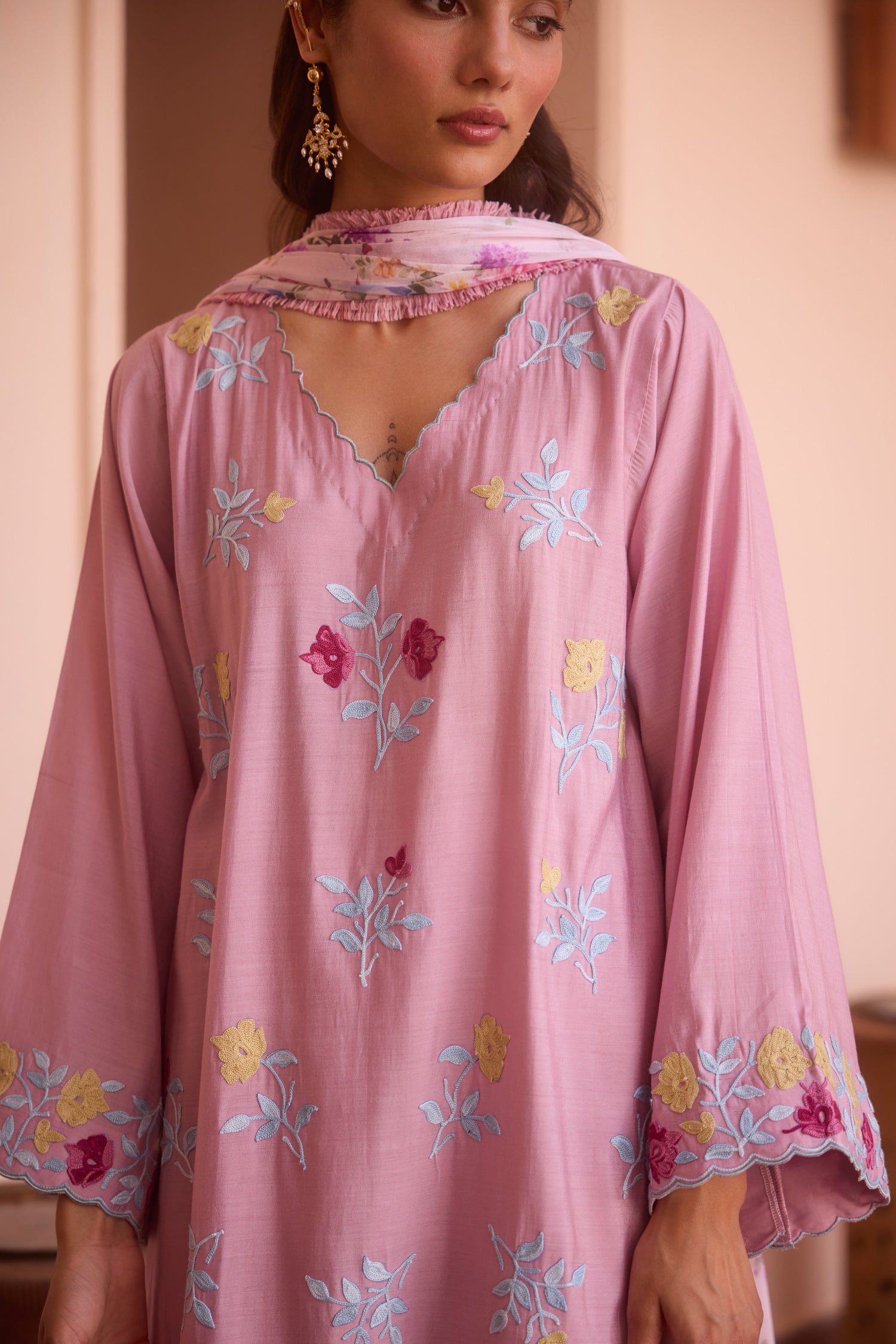 Dust Pink Cotton Aari Pheran Set with Wide Palazzo Pants