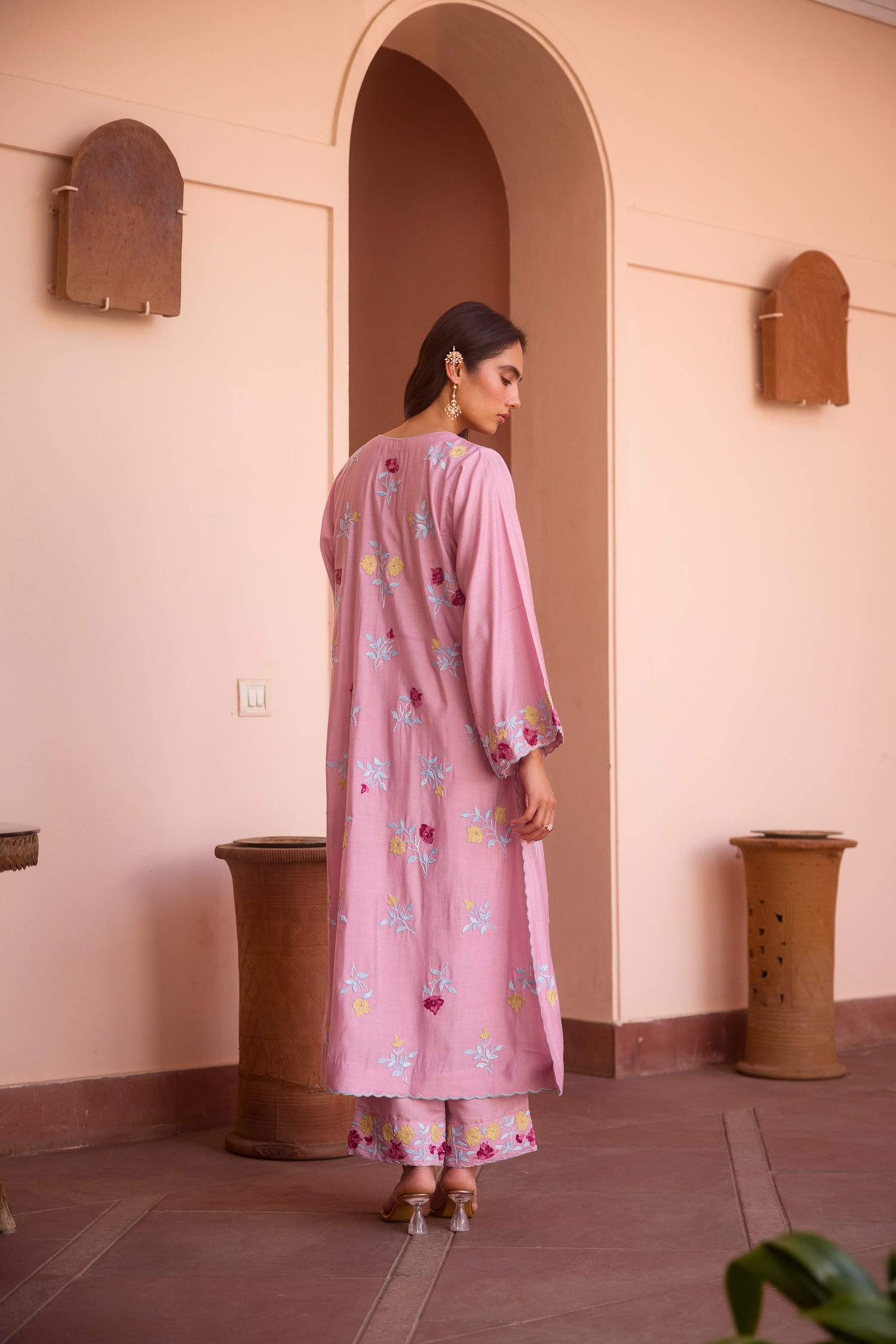 Dust Pink Cotton Aari Pheran Set with Wide Palazzo Pants