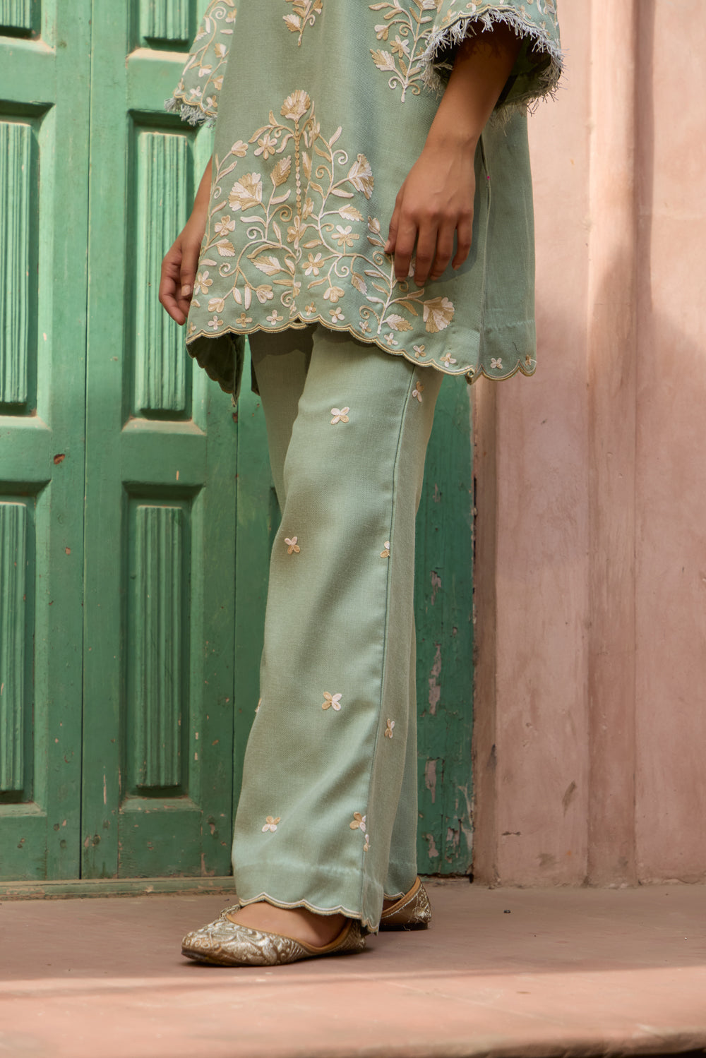 Sage Green Pashmina Wool Short Pheran Set With Booti Embroidered Flared Pants