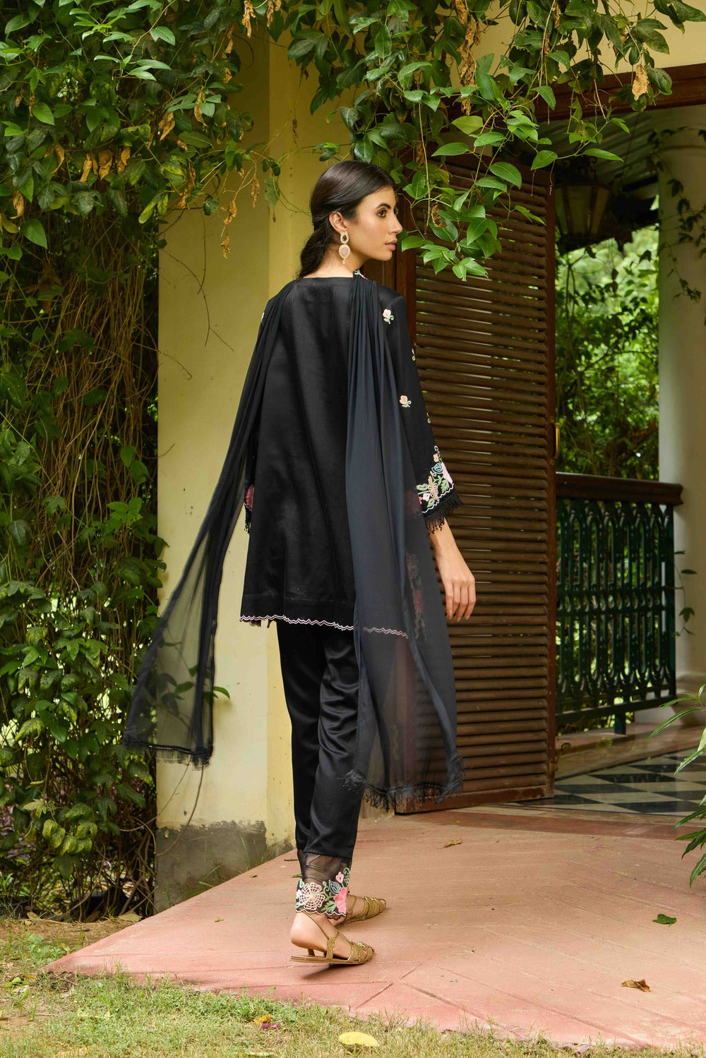 Black Twilight Cotton Kurta Set with Embroidered Flared Pants