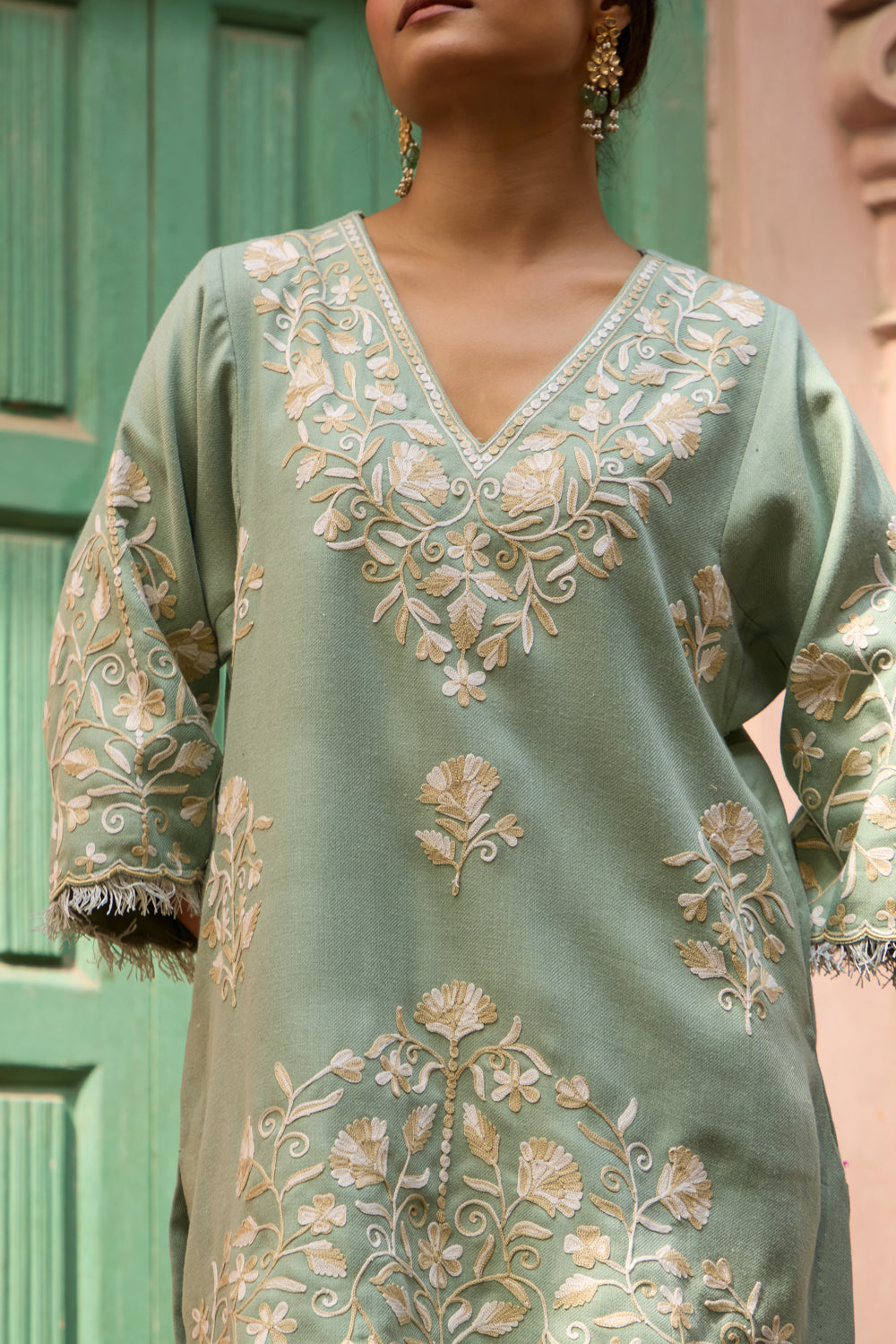 Sage Green Pashmina Wool Short Pheran Set With Booti Embroidered Flared Pants