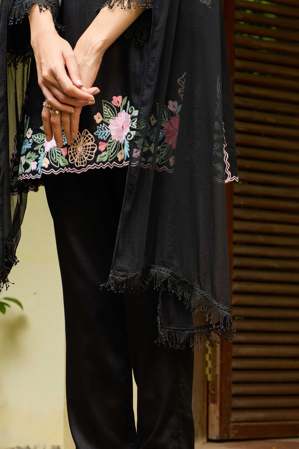 Black Twilight Cotton Kurta Set with Embroidered Flared Pants