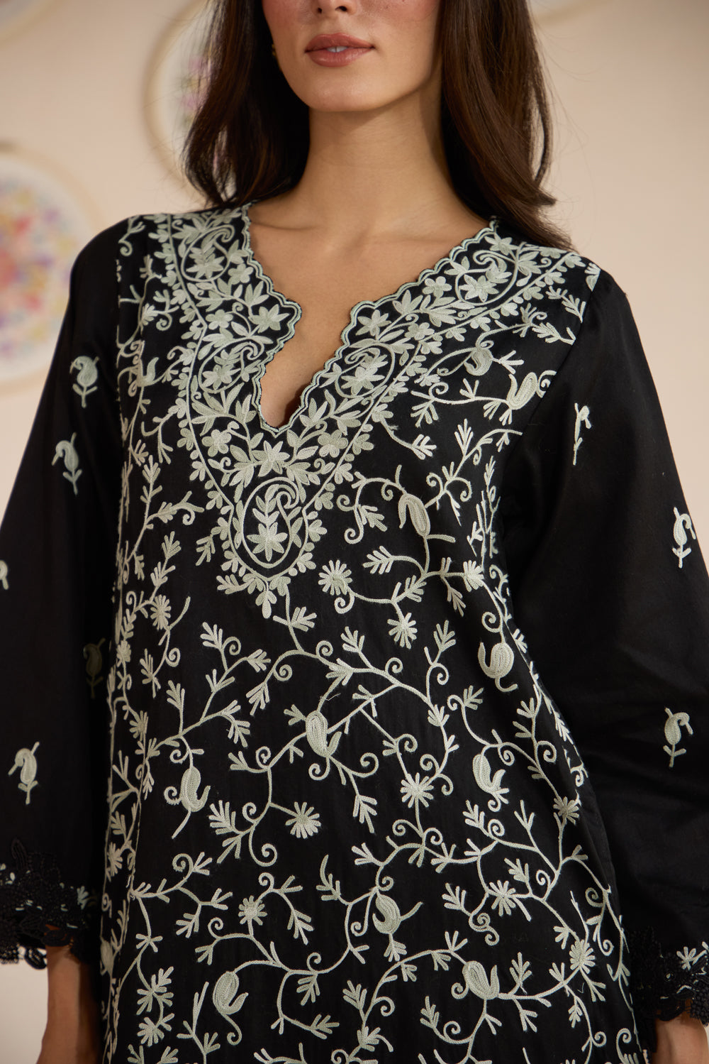Shabnam Black Cotton Kurta Set with Flared Pants & Chiffon Dupatta