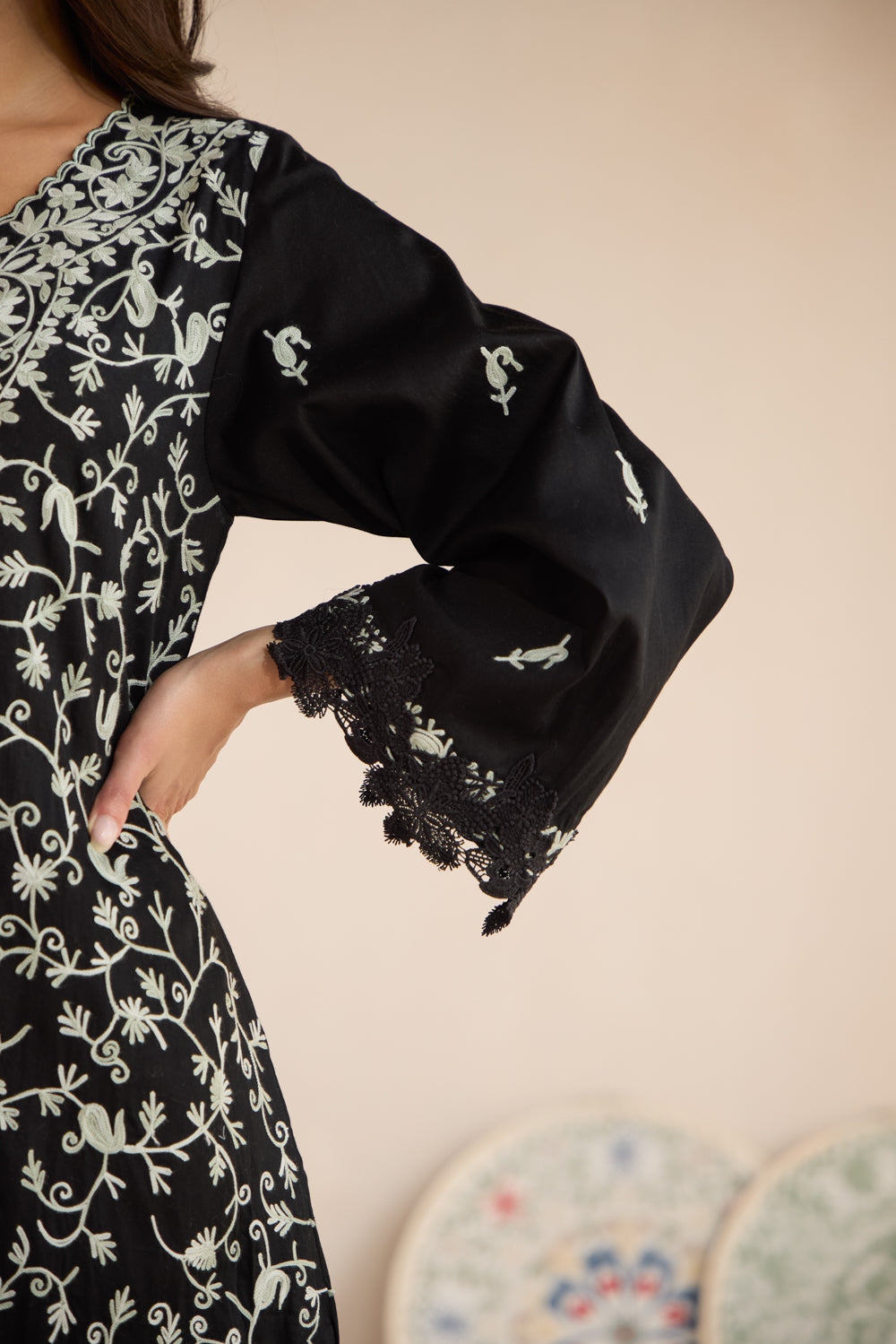 Shabnam Black Cotton Kurta Set with Flared Pants & Chiffon Dupatta