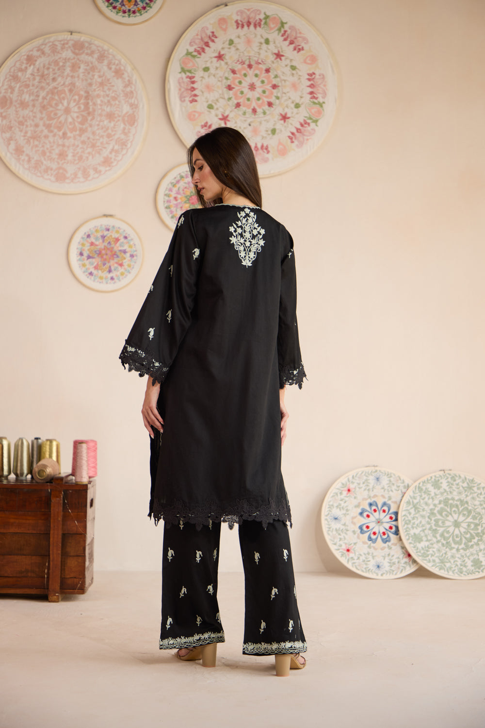 Shabnam Black Cotton Kurta Set with Flared Pants & Chiffon Dupatta