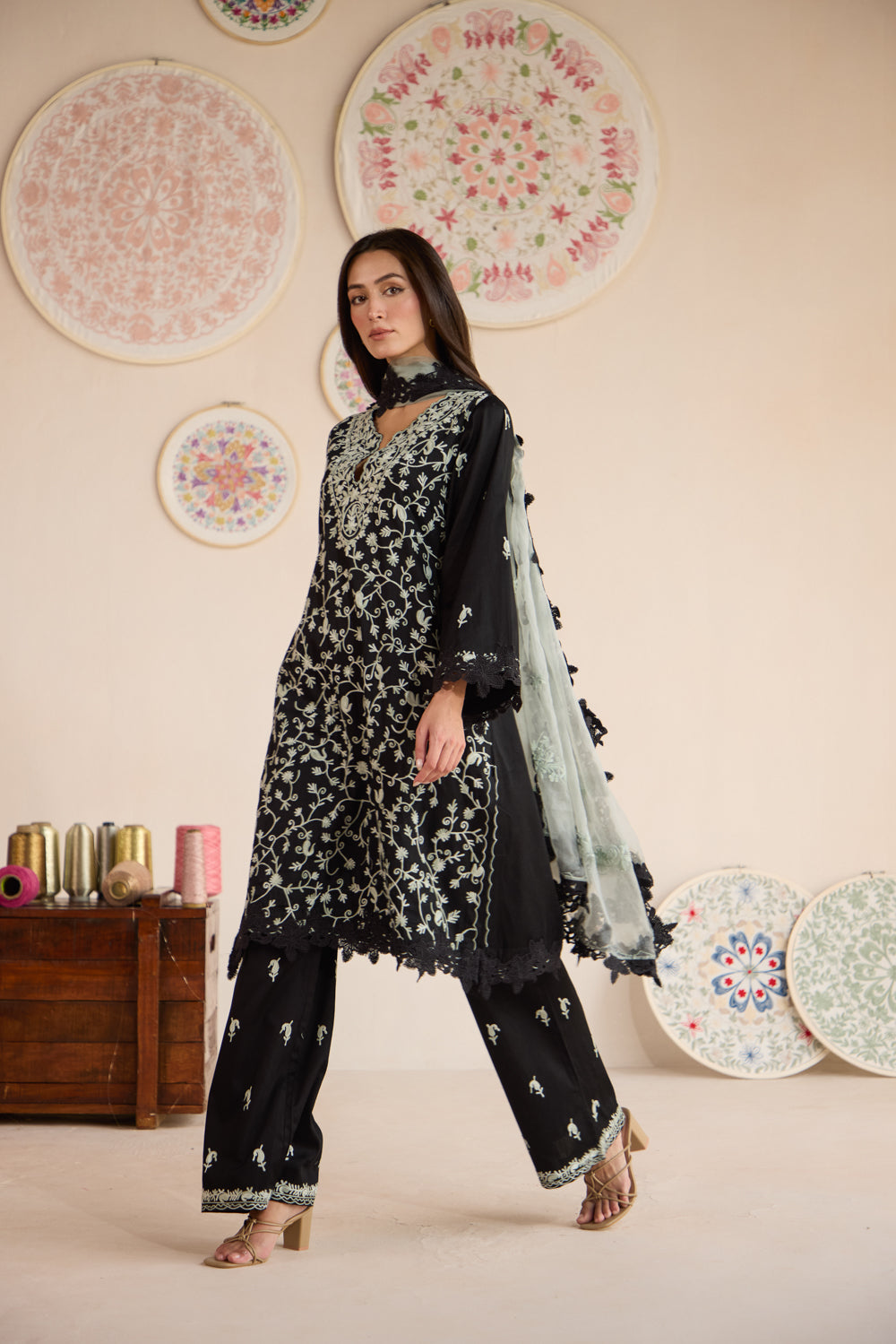 Shabnam Black Cotton Kurta Set with Flared Pants & Chiffon Dupatta