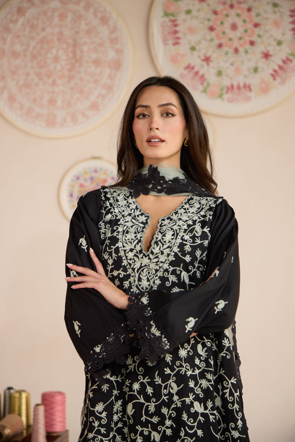 Shabnam Black Cotton Kurta Set with Flared Pants & Chiffon Dupatta