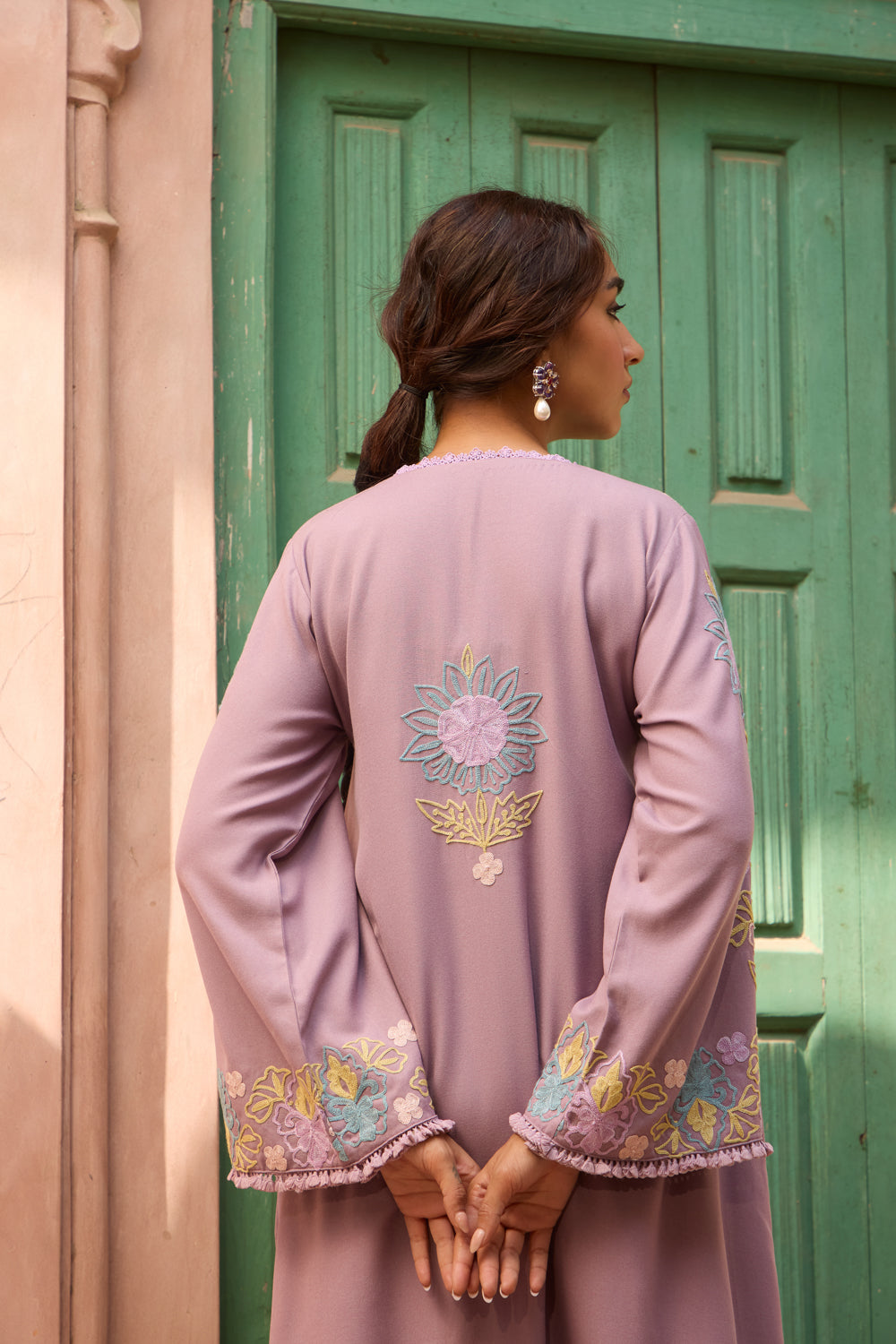 Jama Lilac Pashmina Wool Pheran Set With Flared Pants