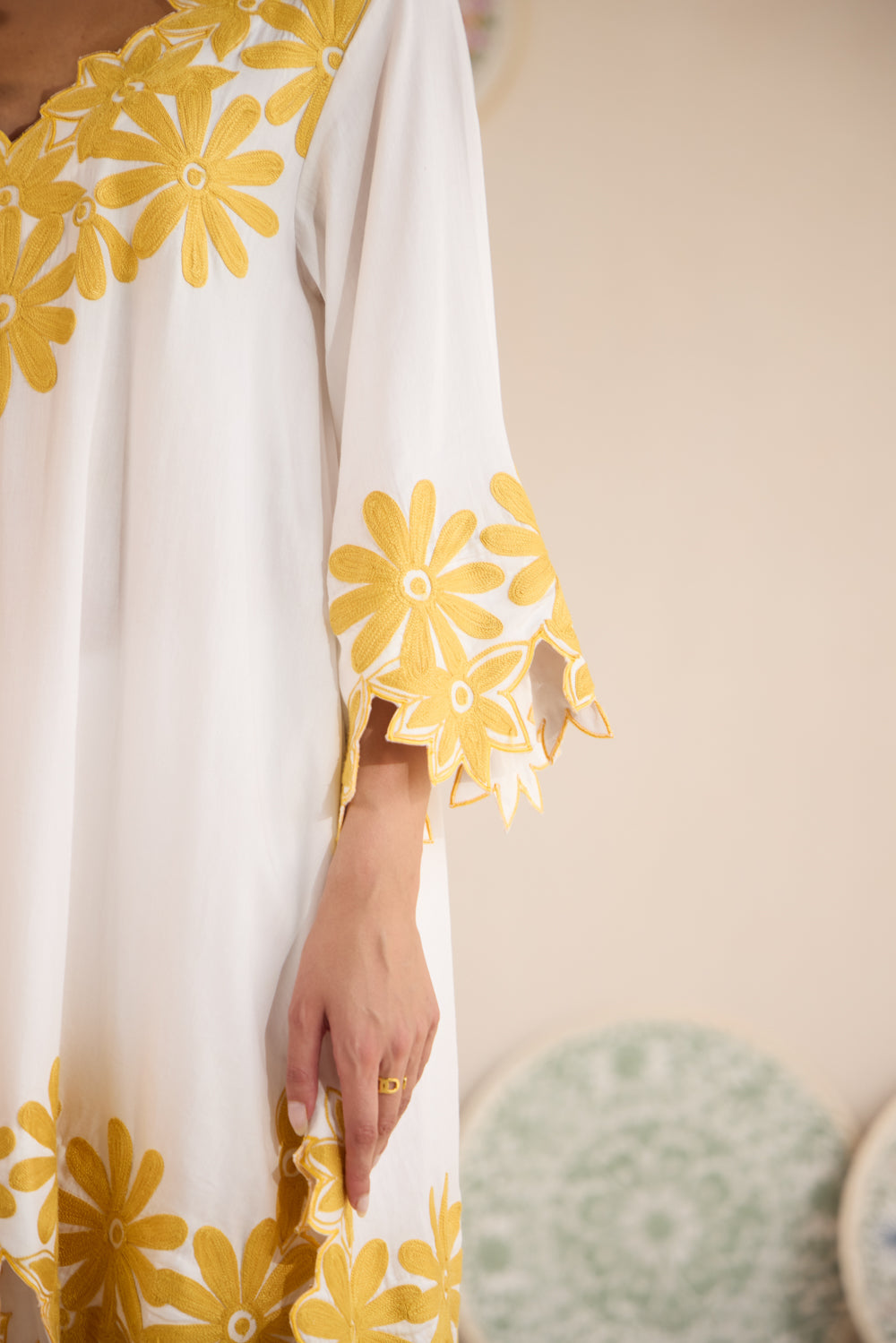 Mango Duet Cotton Aari Coord Set with Dhoti Pants & Organza Embroidered Stole