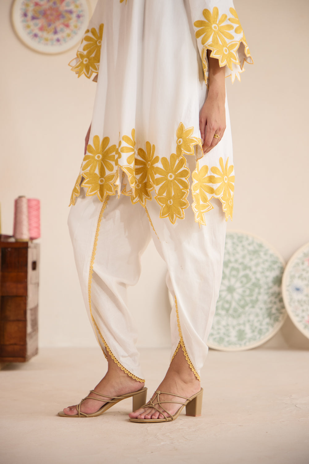 Mango Duet Cotton Aari Coord Set with Dhoti Pants & Organza Embroidered Stole