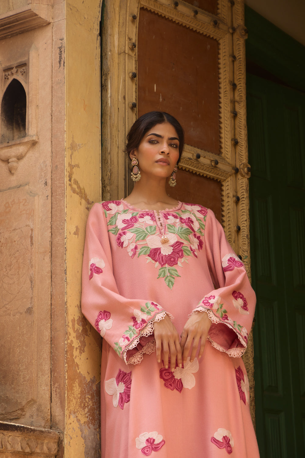 Pink Rose Pashmina Wool Kurta Set With Embroidered Flared Pants