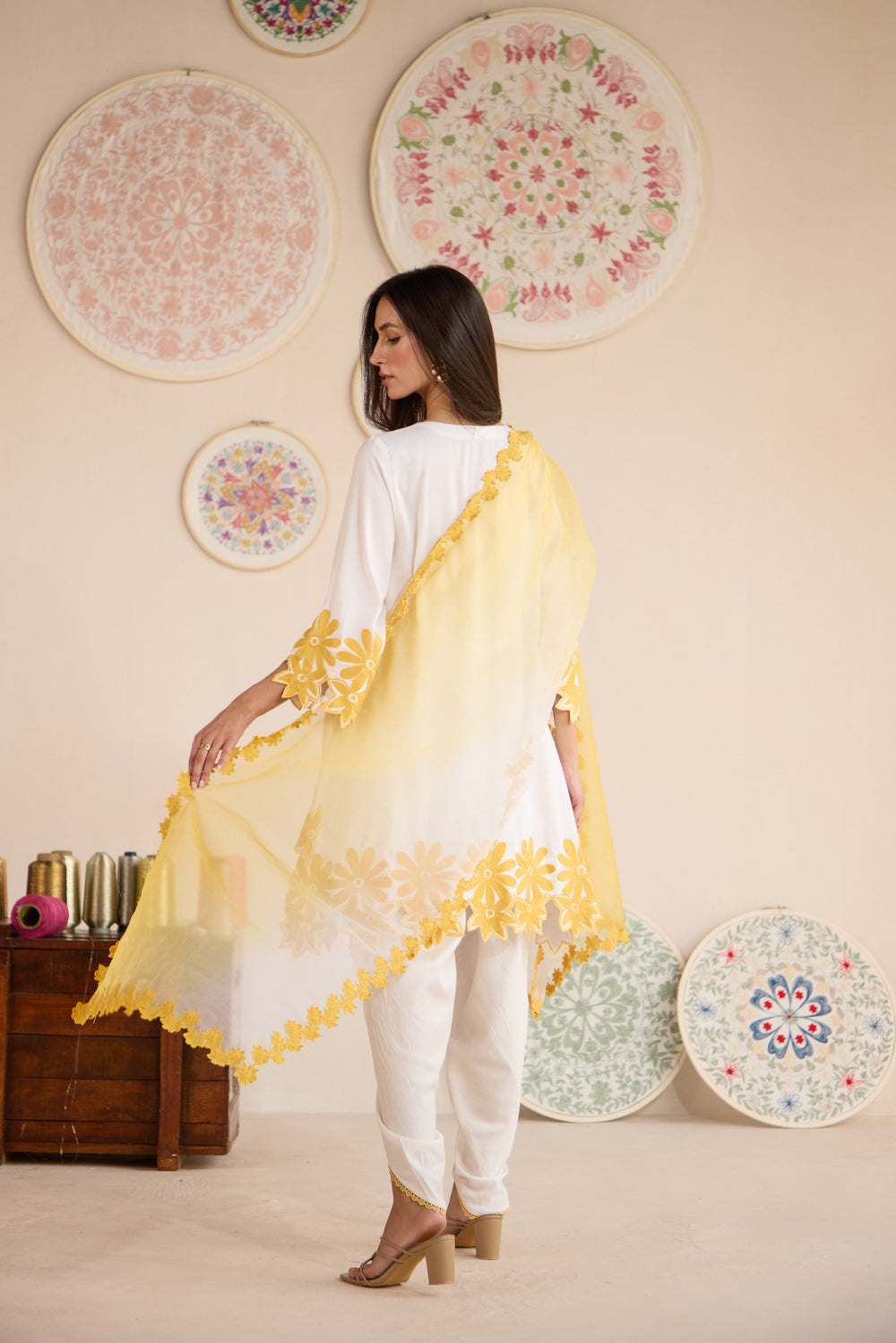 Mango Duet Cotton Aari Coord Set with Dhoti Pants & Organza Embroidered Stole