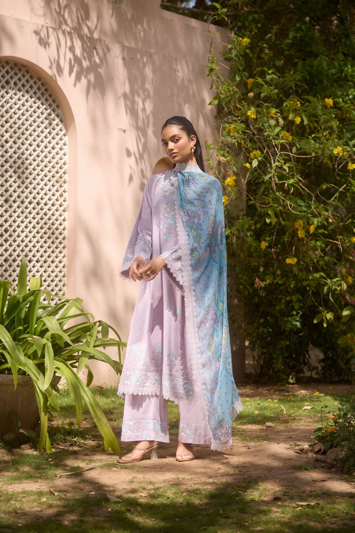 Lavender Cotton Aari Pheran Set with Wide Palazzo Pants